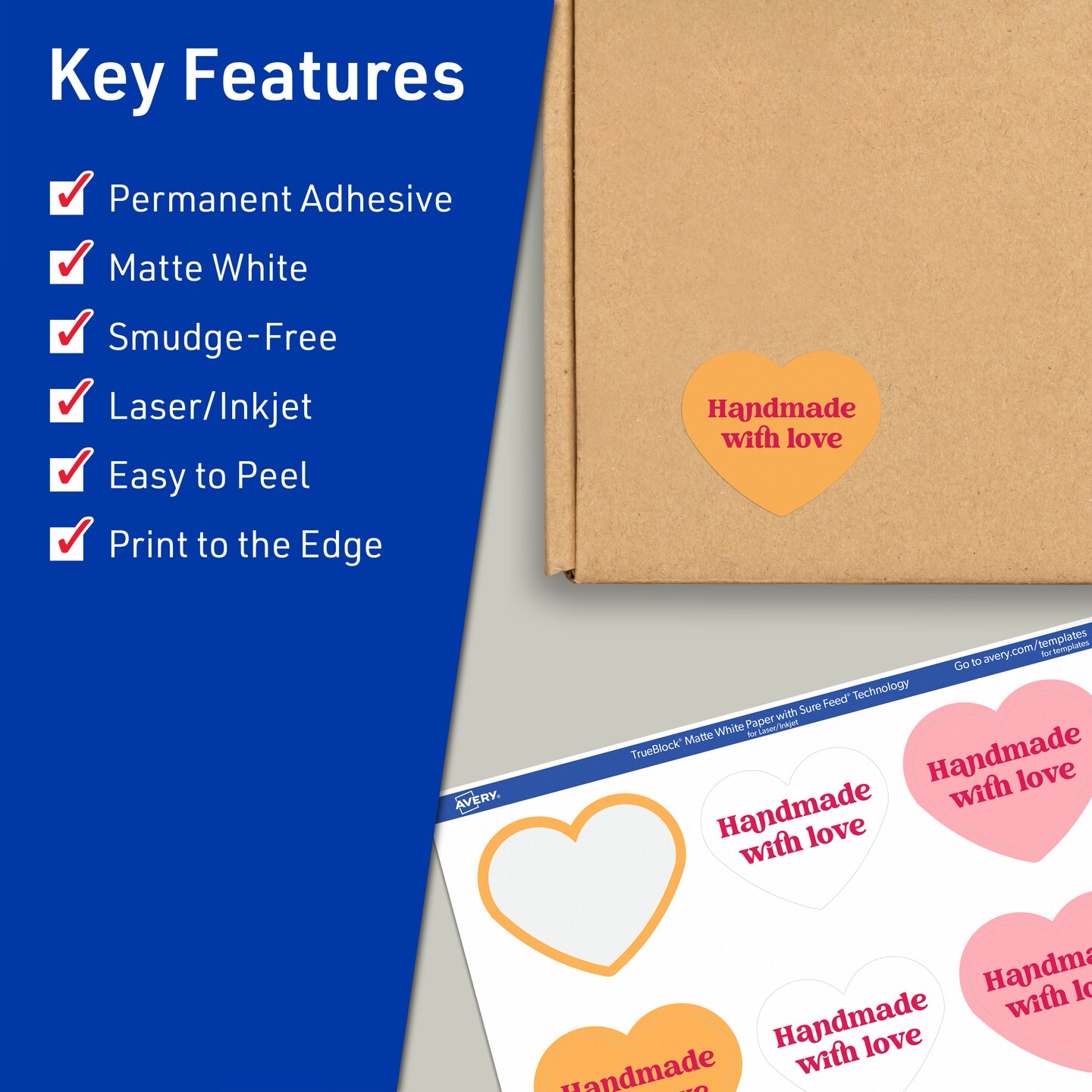 Avery TrueBlock Matte White Paper Labels, 2-9/32" x 1-27/32" Heart
