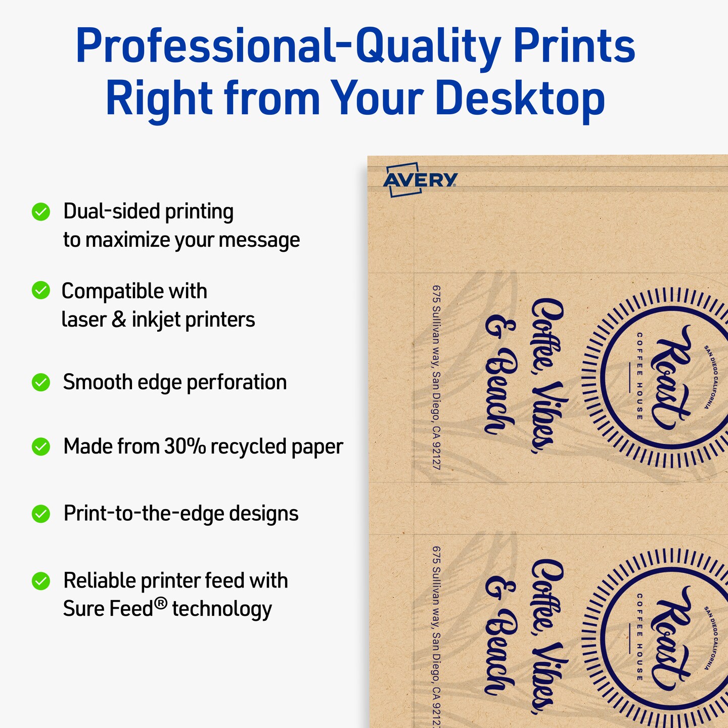 Avery Printable Arched Business Cards, Sure Feed Technology, 2" x 3-1/2", Matte Kraft Brown Cardstock, Print-to-The-Edge, Laser/Inkjet Printable, 80 Total