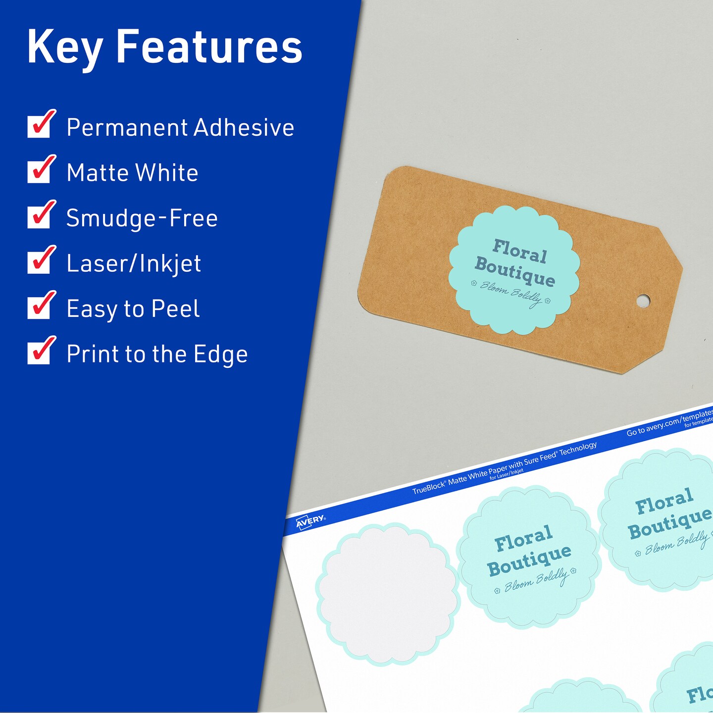 Avery TrueBlock Matte White Paper Labels, 2-1/2" diameter Round Scalloped