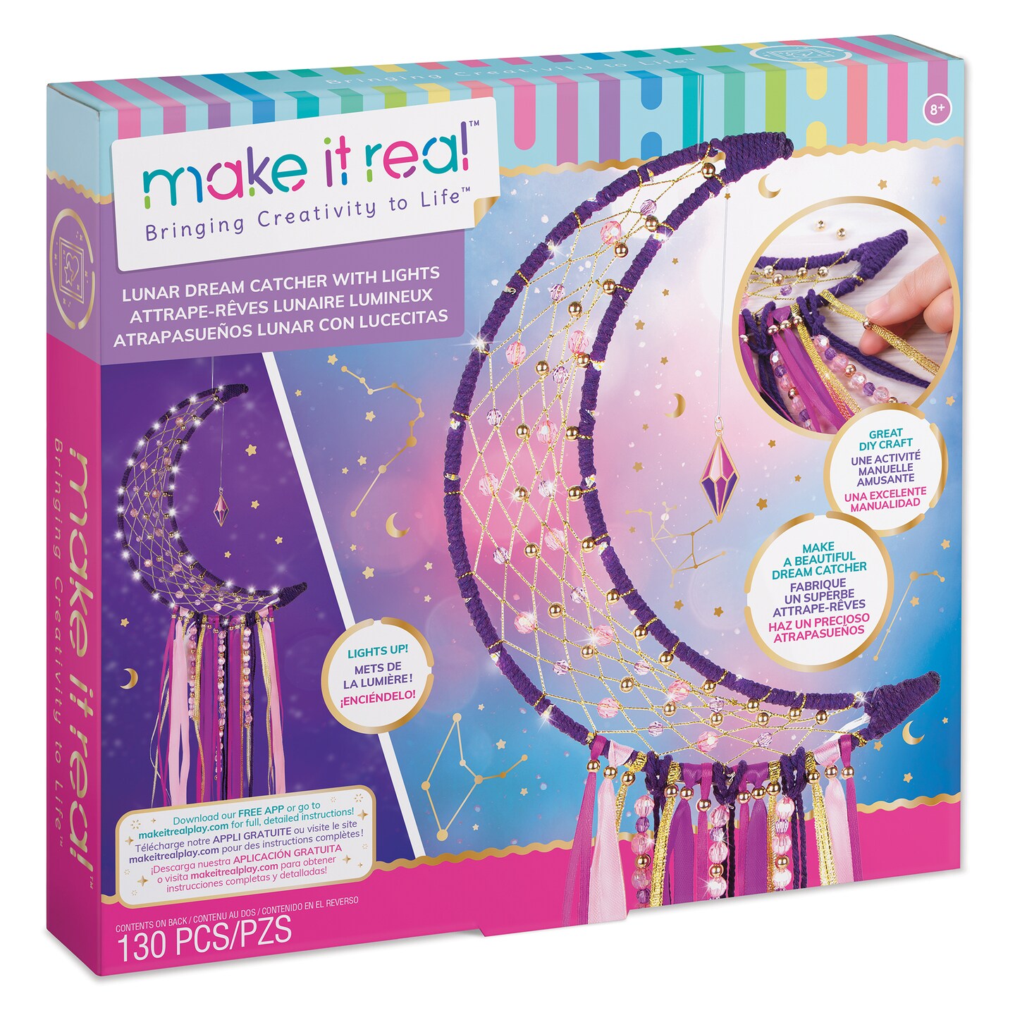 Make It Real: DIY Lunar Dream Catcher With Lights - Purple Pink &#x26; Gold, 130 Pieces, All-In-One DIY Kit, Fairy Lights, Tweens &#x26; Girls, Bedroom D&#xE9;cor, Arts &#x26; Crafts, Make A Beatiful Hanging Bead Dream Catcher, Kids Ages 8+