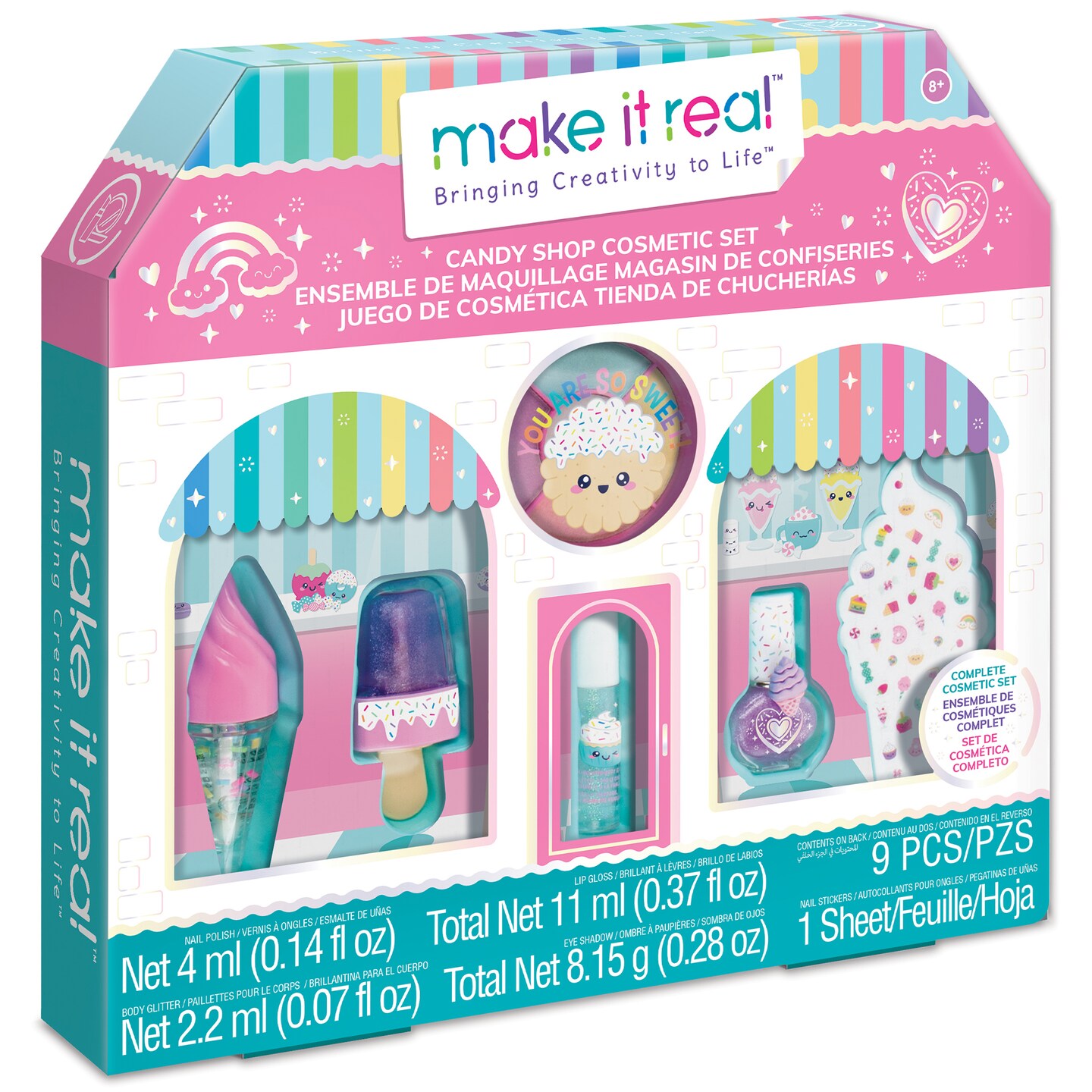 Make It Real: Candy Shop&#xA0;Cosmetic Set - 9 pcs, Vanilla &#x26; Strawberry Scented Cosmetics, Ice-Cream Shaped Glosses, Beauty Kit, Tweens, Girls &#x26; Kids Ages 8+