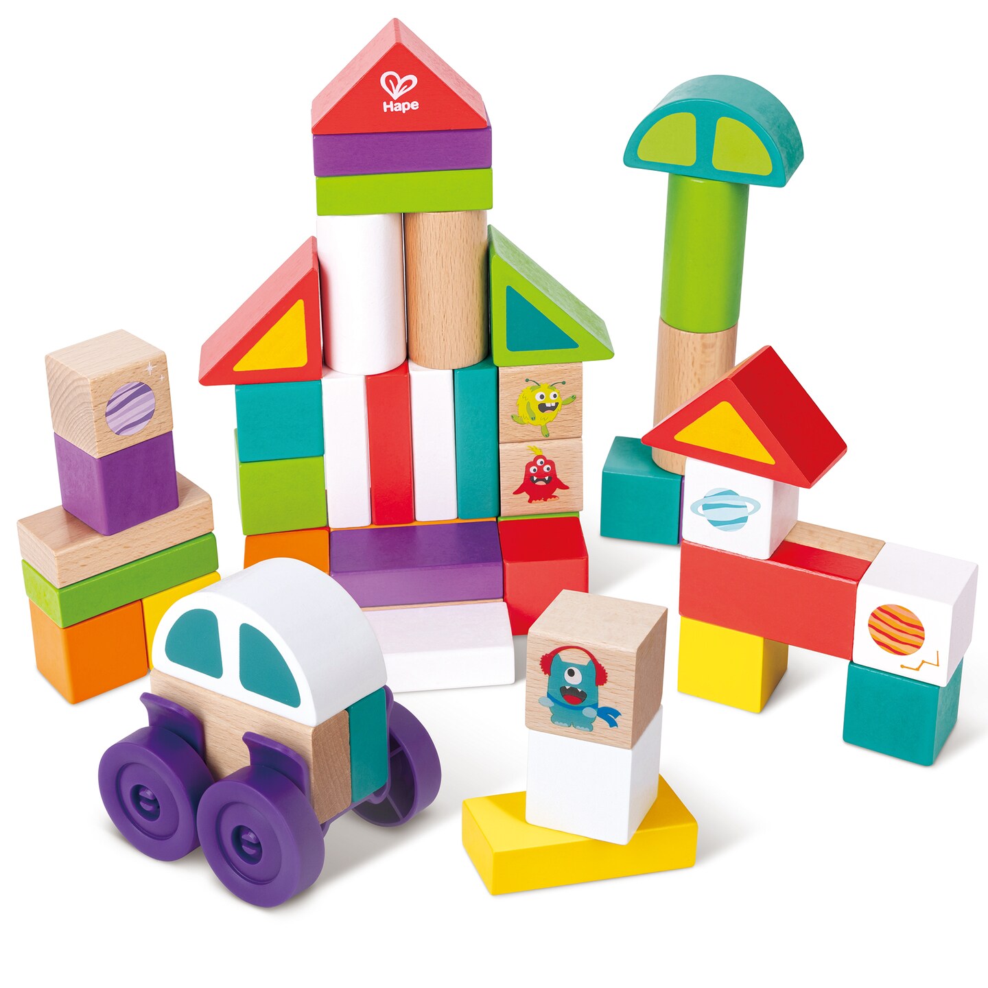 Hape: Space Monster Stacking Blocks - 54pc Wooden Colorful Various Shapes Set, Wheels To Build A Car, Stack &#x26; Play Toy, Kids, Toddlers &#x26; Baby Ages 1+