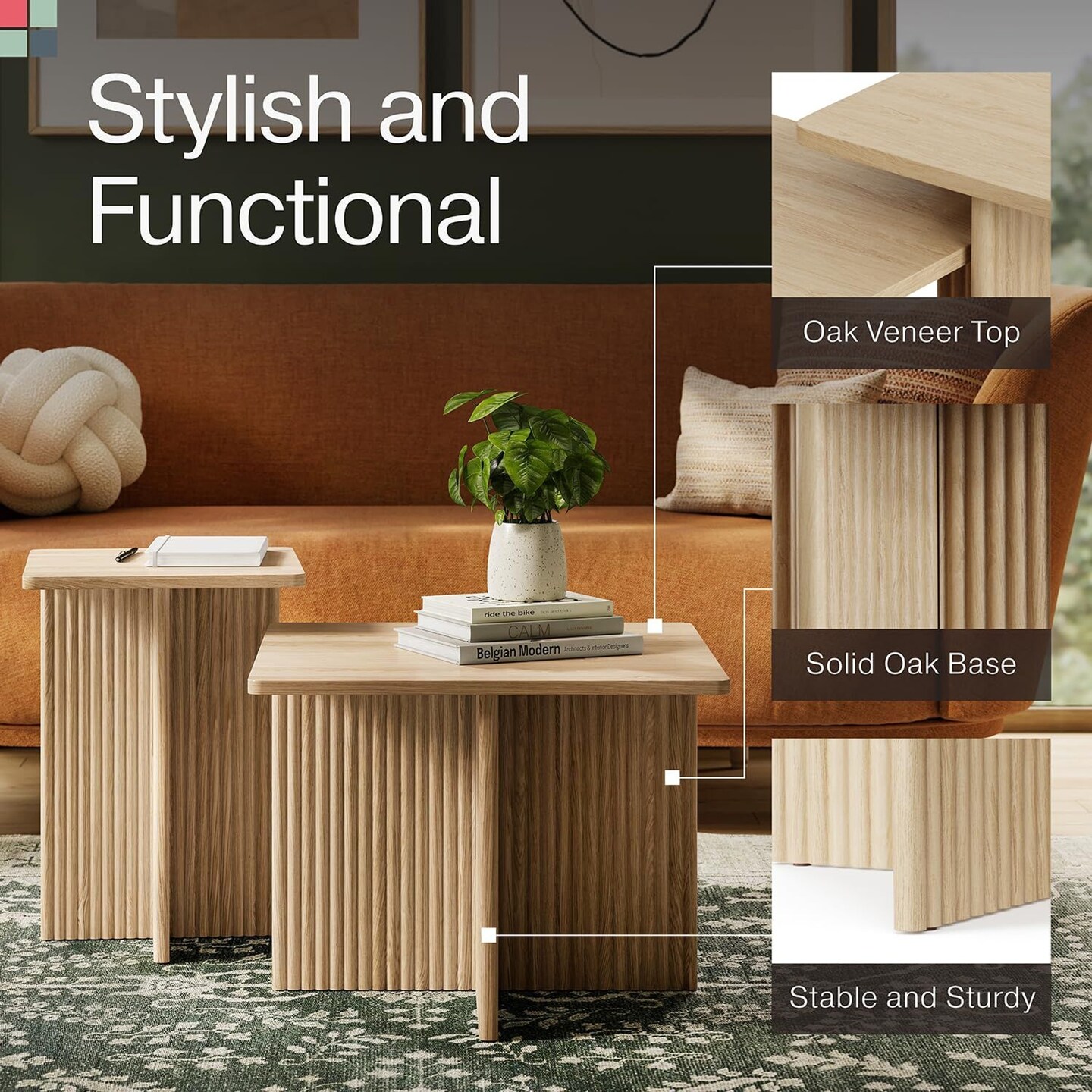 Stead Square Fluted Nesting Coffee Tables, 2 Piece Coffee Table Set, Modern Coffee Table for Living Room, Modern Home Decor, Solid Wood Base and Wood Grain Veneer Top (Natural Oak)