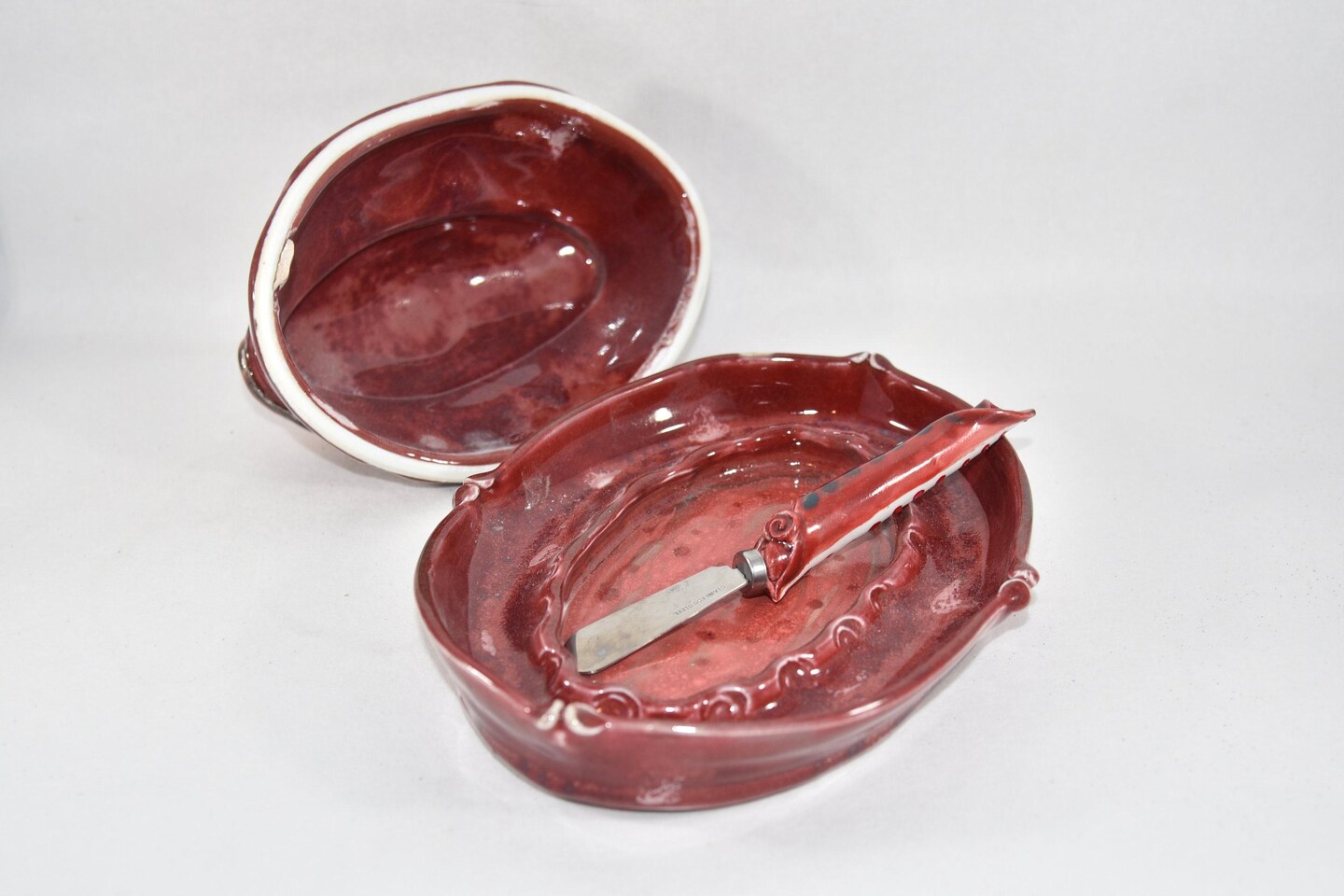 Red Lidded Butter Dish. Porcelain Pottery Butter Keeper. Butter Crock. product 4