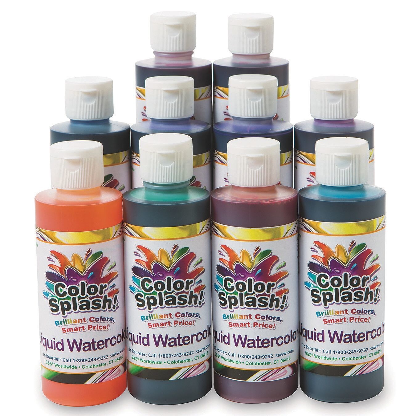 S&#x26;S Worldwide Color Splash! Liquid Watercolor Paint, 10 Vivid Concentrated Colors, 8-oz Flip-Top Bottles, For All Watercolor Painting, Use to Tint Slime, Clay, Glue, Shaving Cream, Non-Toxic. Pk of 10