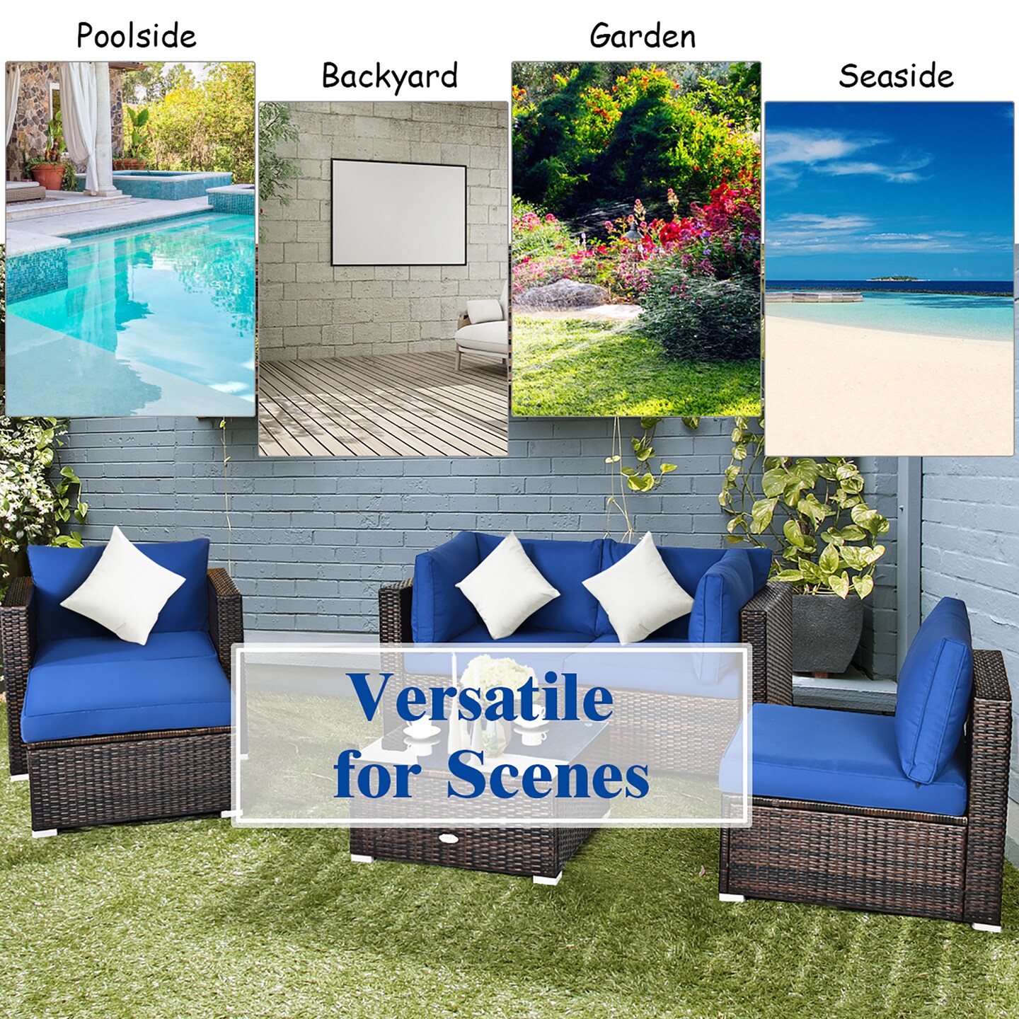 Costway 6PCS Patio Rattan Sectional   Furniture Set Sofa Coffee Table Ottoman Navy