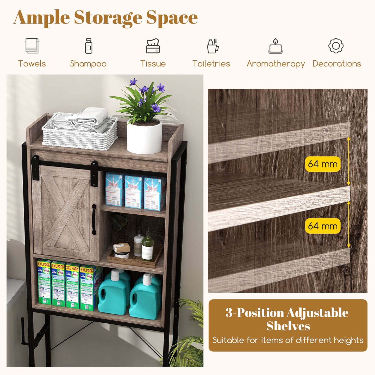 Costway Over-The-Toilet Storage Cabinet Bathroom Organizer w/ Sliding Barn Door Rustic Brown/Espresso/Grey