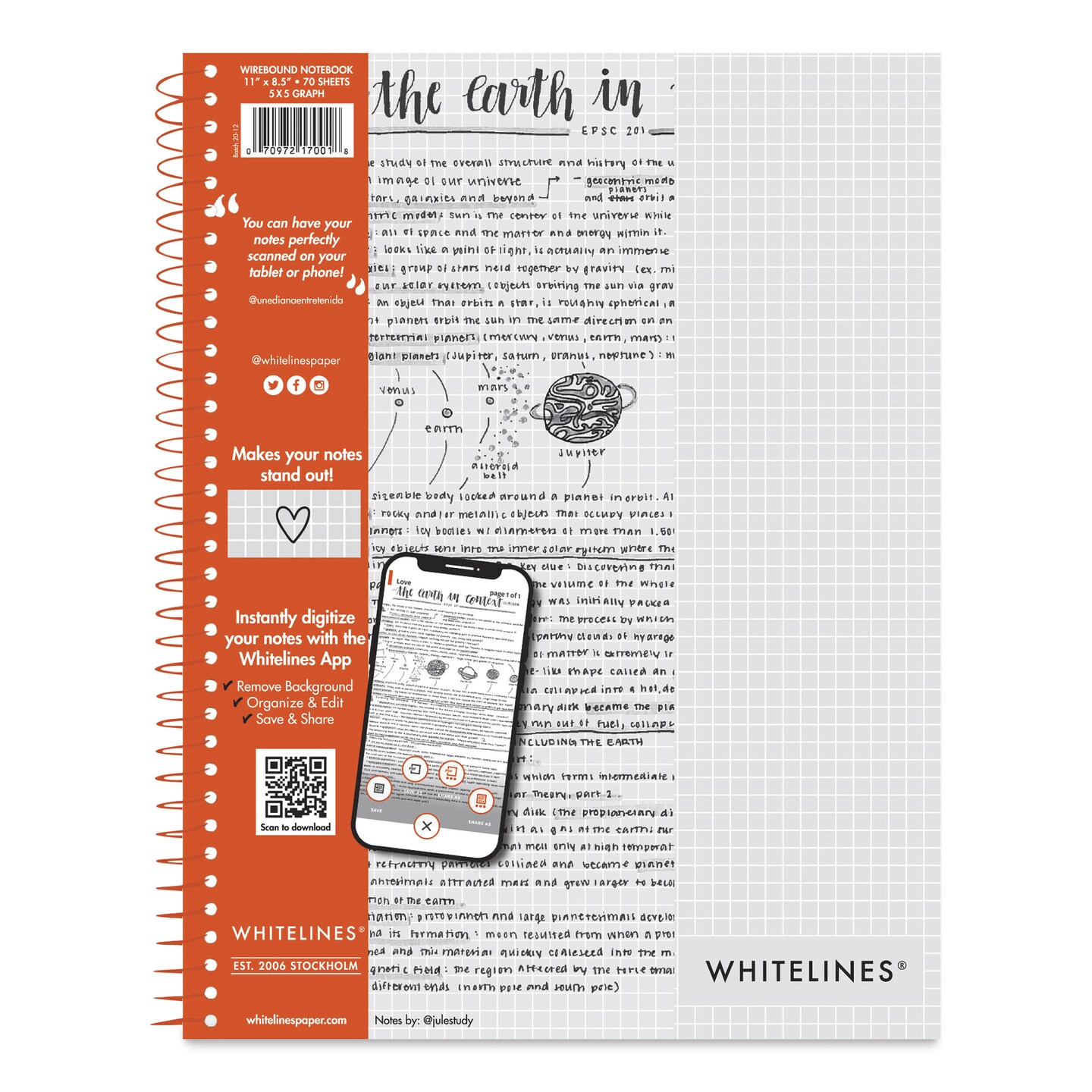 Roaring Spring Whitelines Wirebound Notebook - Grid, 8-1/2" x 11", 70 Sheets