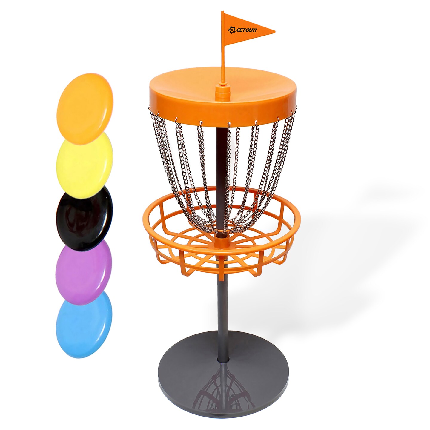 Get Out! Portable Disc Golf Basket with 5 Flying Discs - 30in Mini Disc Golf Net