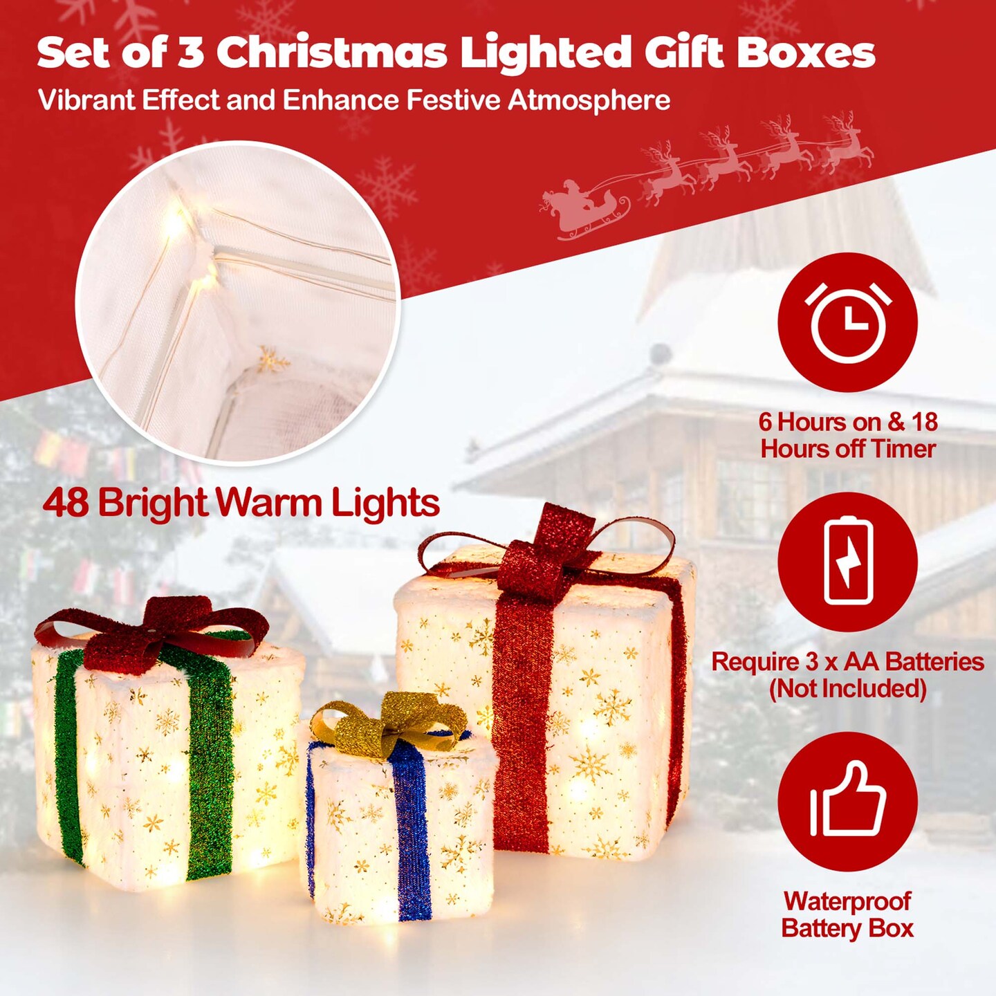 Costway Set of 3 Christmas Lighted Gift Boxes Pre-lit Present Decoration with 48 Lights