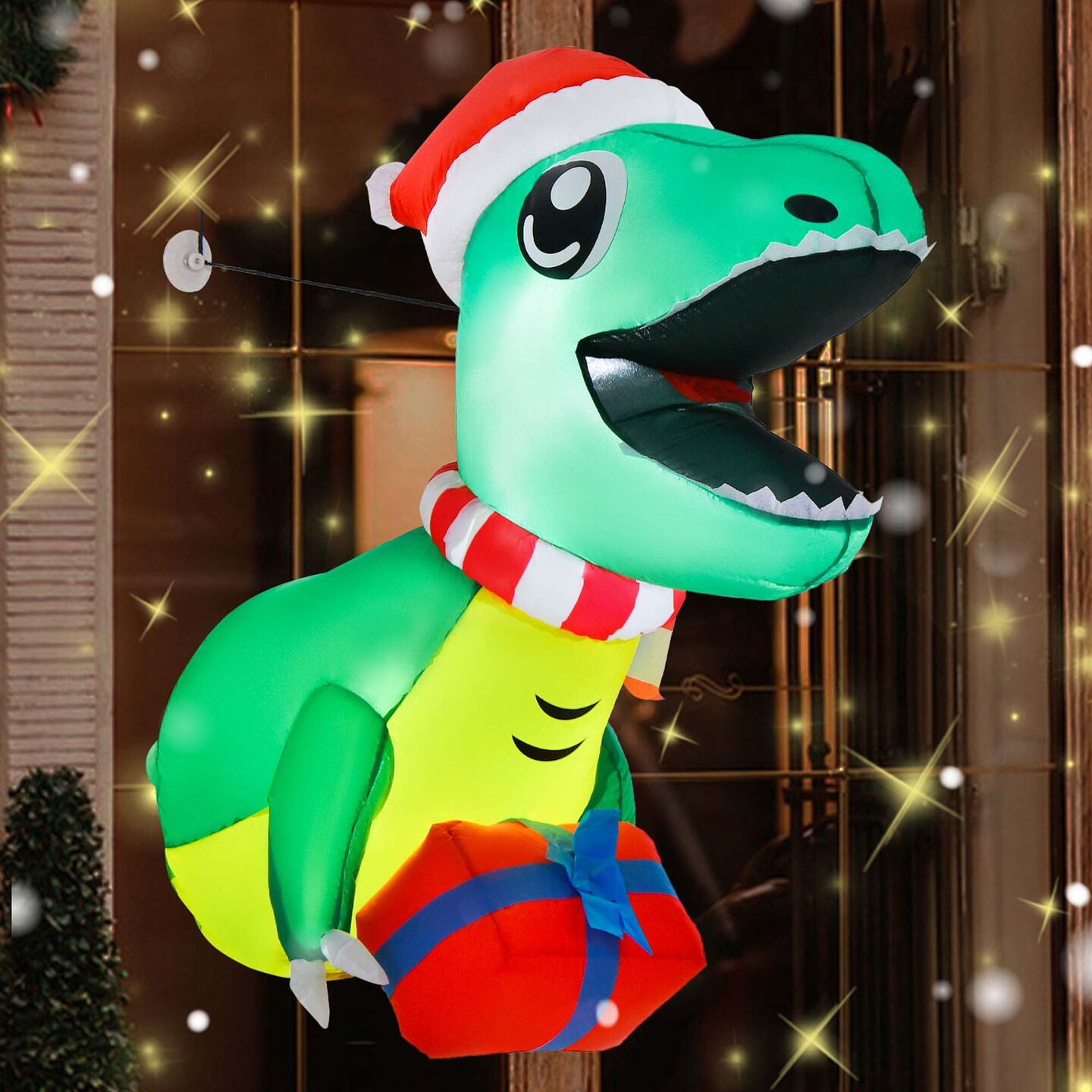 Costway 3.3&#x27; Christmas Inflatable Dinosaur Broke Out from Window Hanging Window Dinosaur