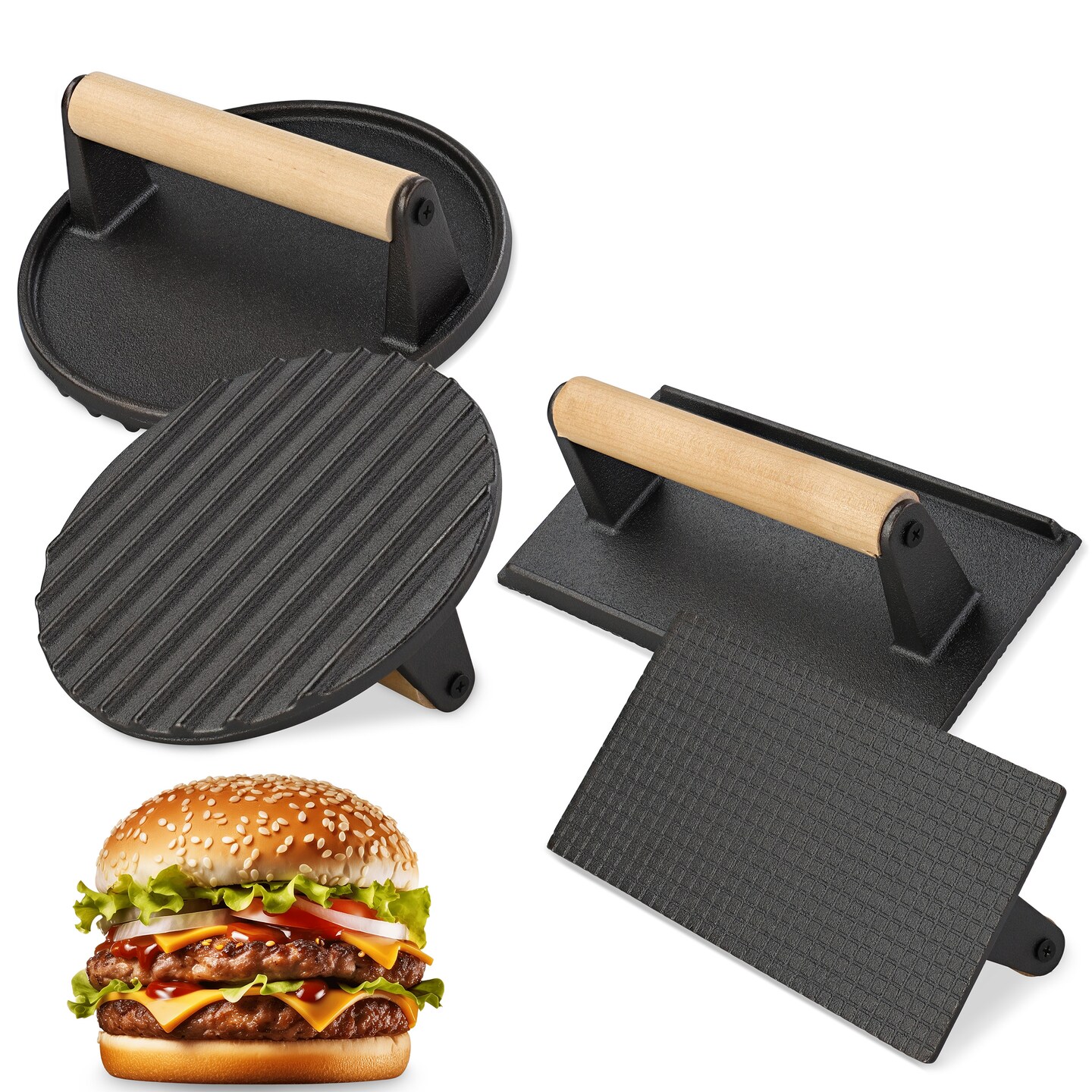 Potted Pans Cast Iron Burger Press Set of 4 - Round and Rectangle Sandwich Press