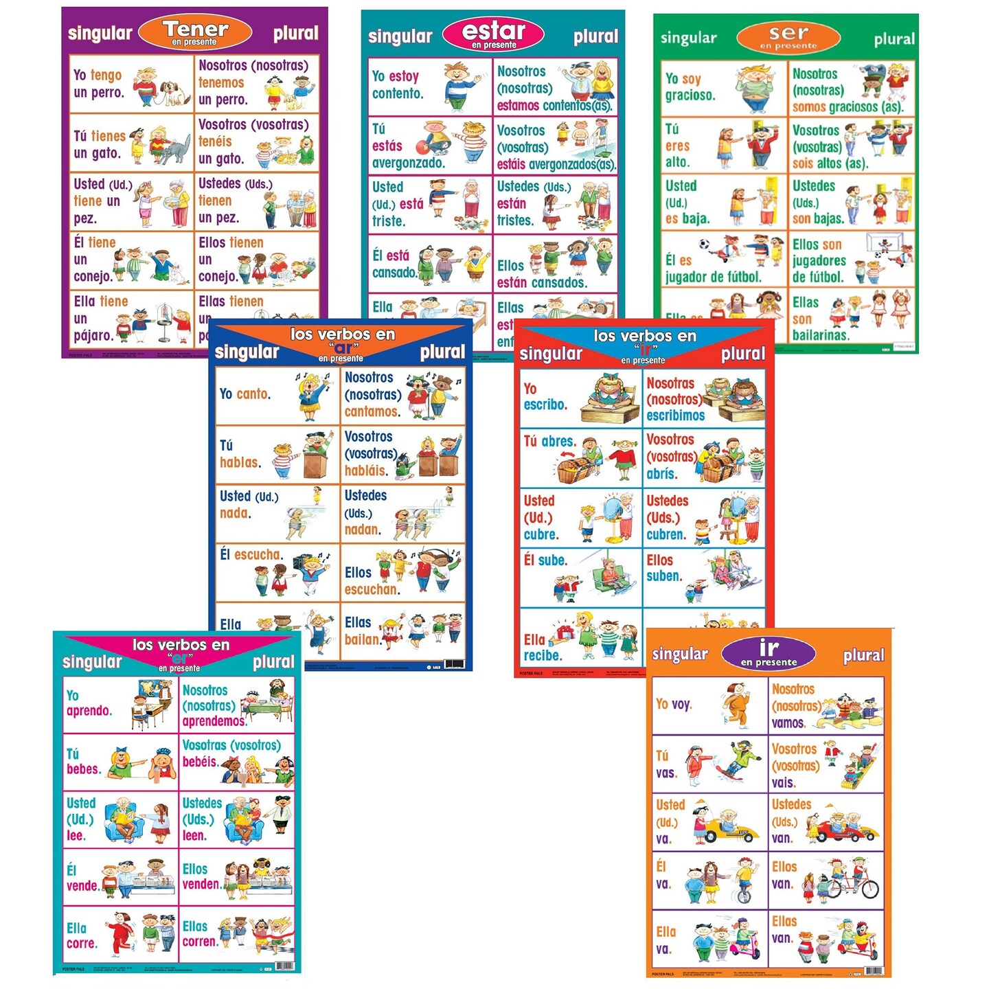 Poster Pals Spanish Educational &#x26; Language Teaching Verb present tense Posters, large colorful charts, classroom reference and instruction, 7 pack