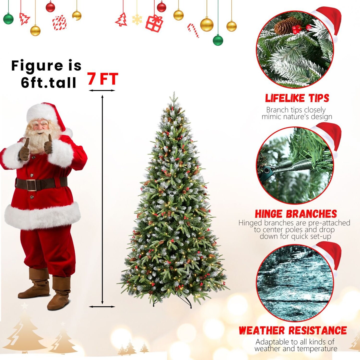 Edge Collections - 7' - Green - Fluffy Snow Frosted Christmas Tree with Pinecones and Berries - 1 Piece