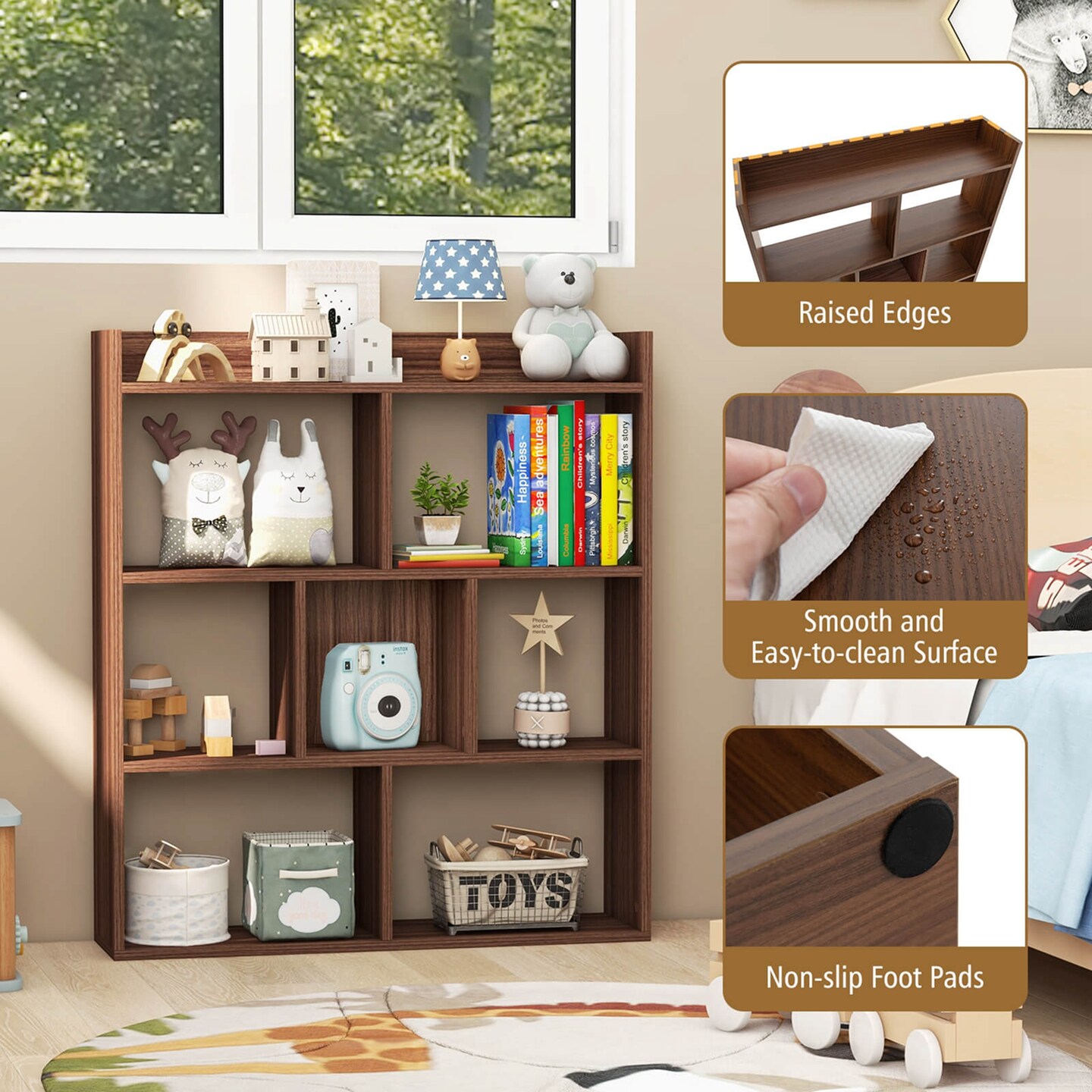 Costway 1/2 PCS 7-cube Bookcase Open Storage Shelf with Anti-tipping Kits for Living Room Walnut