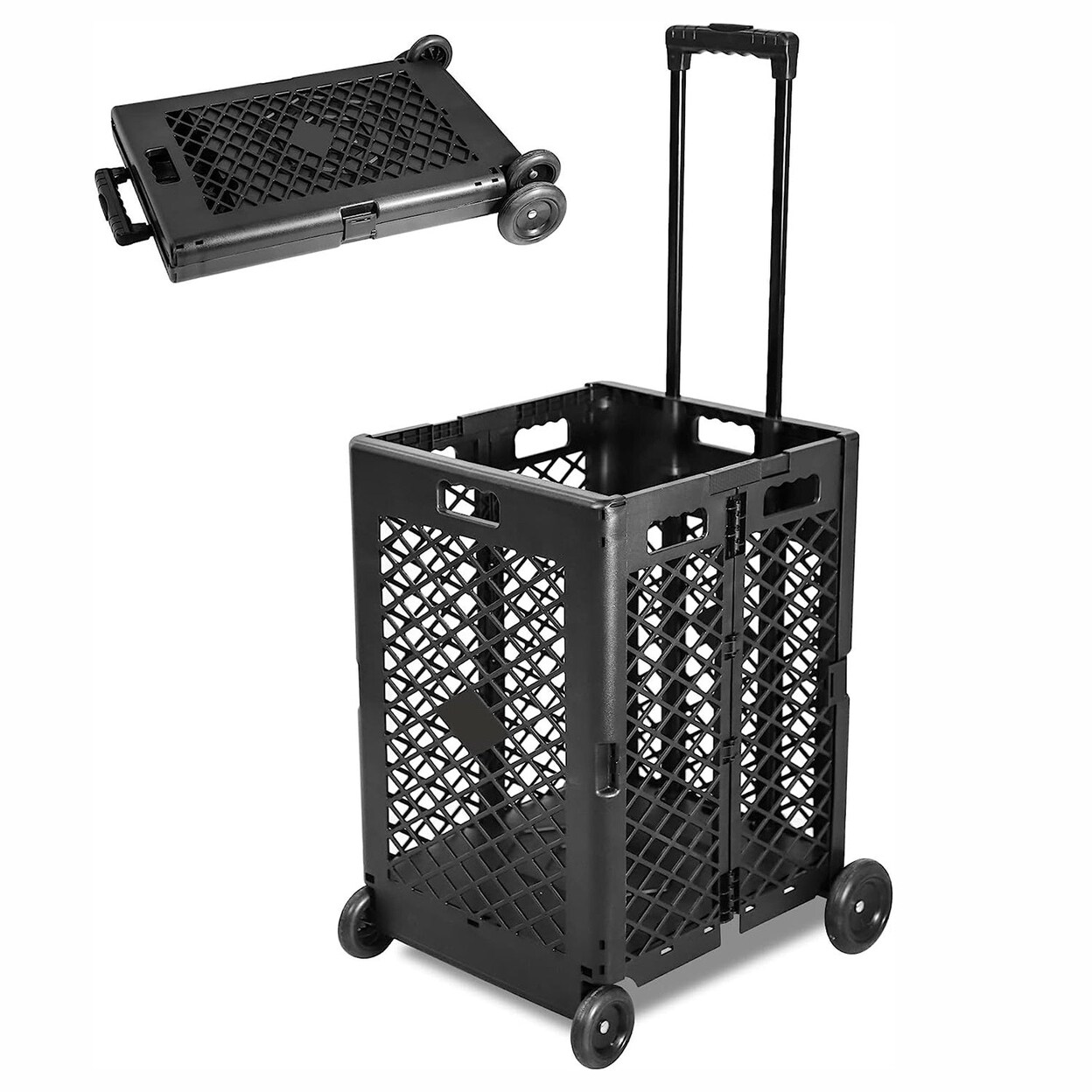 70L Foldable Rolling Cart Crate With Wheels Collapsible Basket With Telescopic Handle Black White