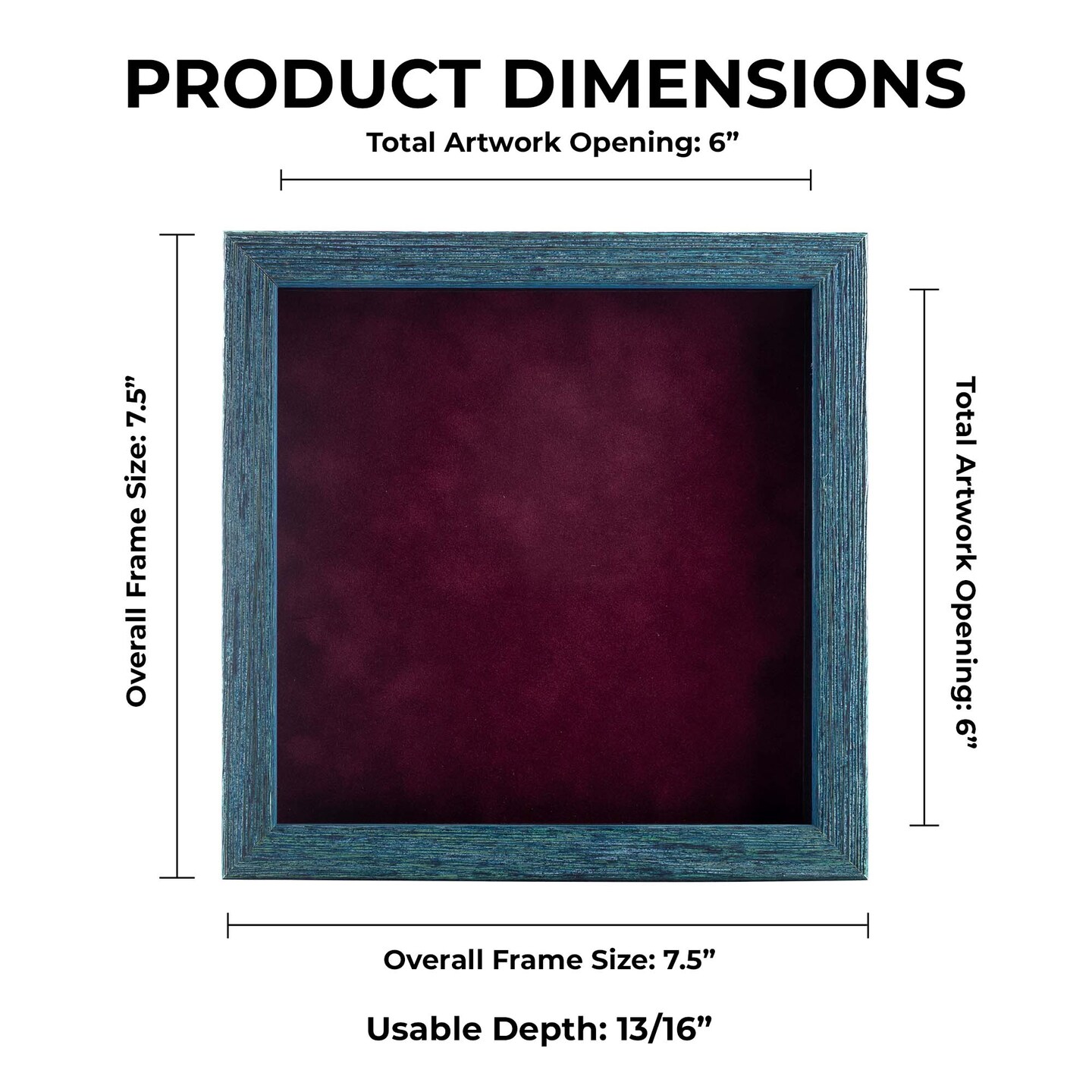 Rustic Blue Wood Shadow Box Frame with Acrylic Front - Dark Red Suede Backing, 30 Sizes