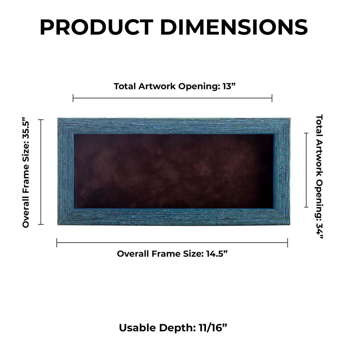 Rustic Blue Wood Shadow Box Frame with Acrylic Front - Brown Suede Backing, 30 Sizes