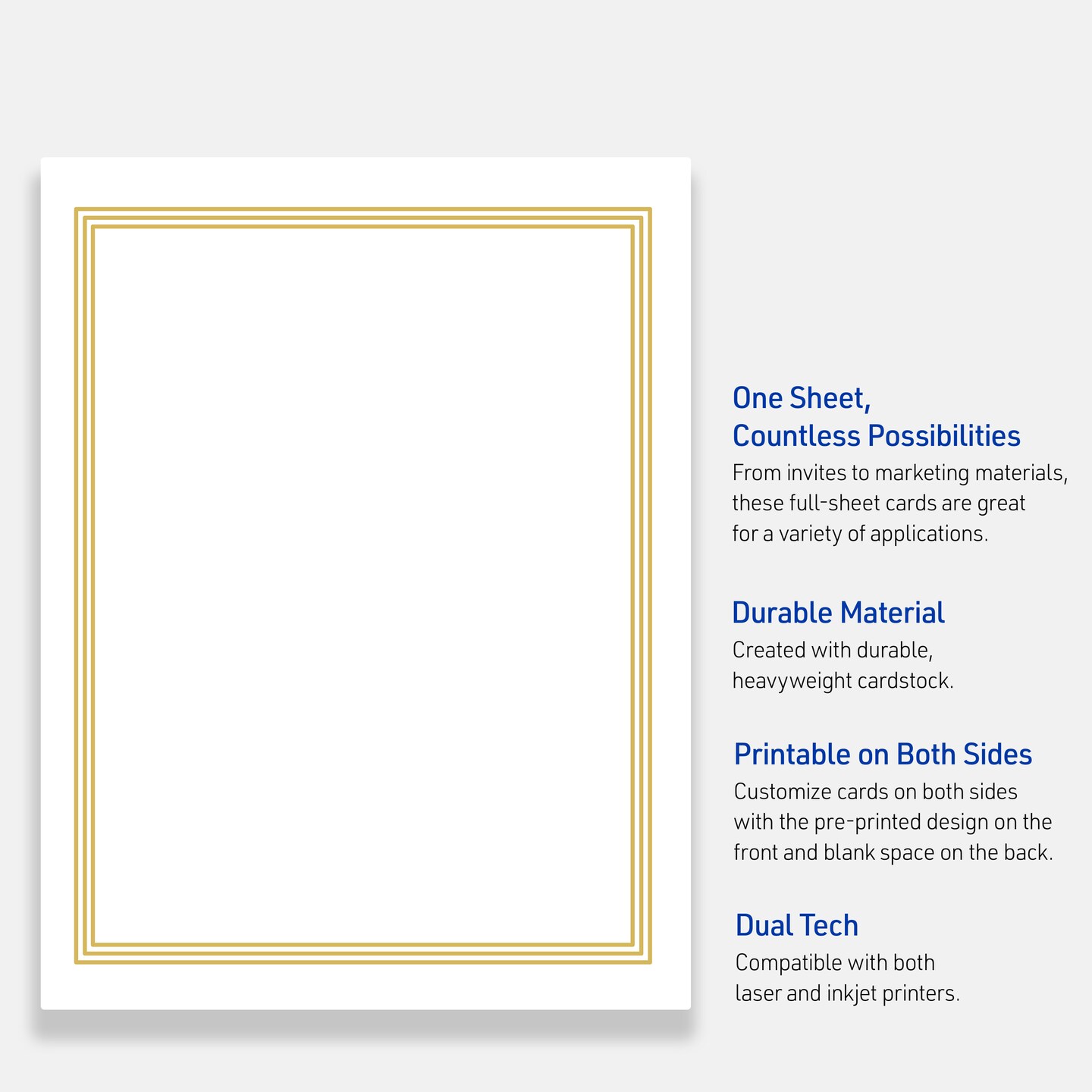 Avery Printable Full-Sheet Cardstock, Gold Multi-Lined Border, 8.5&#x22; x 11&#x22;, Matte White Full-Sheet Cardstock, Laser/Inkjet, 10ct, Great for Craft Cardstock Paper