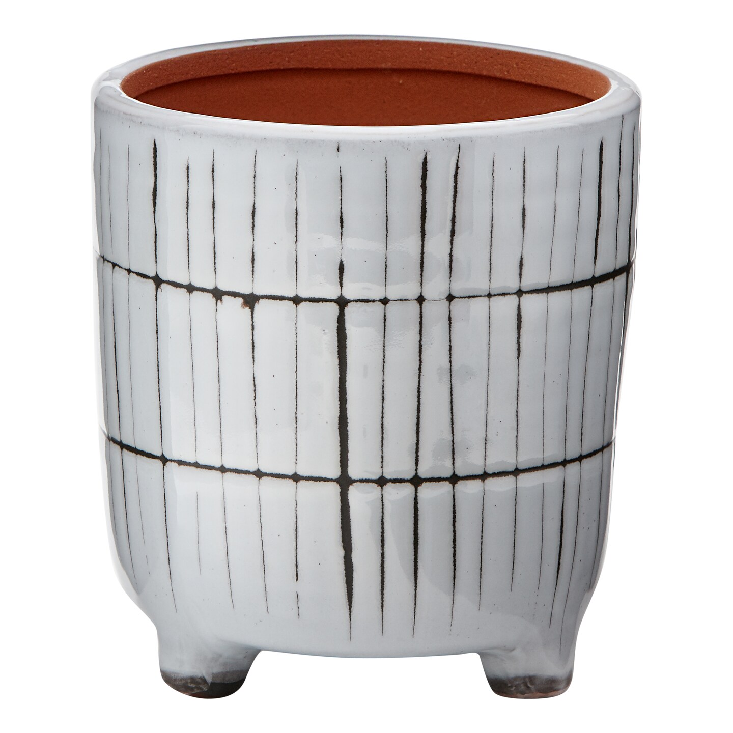 Linear Glazed Terracotta Planter with Feet, 5.25L x 5.25W x 6.0H inches  fits a 4.5&#x22; drop in plant. Decorative Use Only.