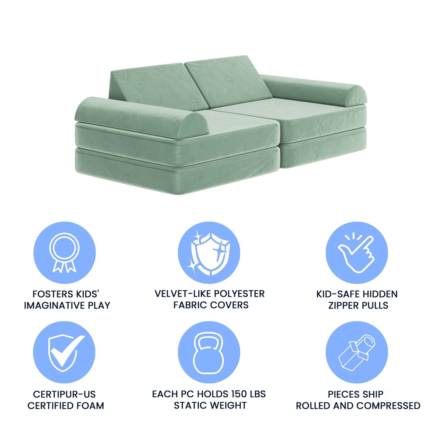 Emma and Oliver Conner Modular Play Couch for Kids with Convertible 6-Piece Design and Soft Foam Cushions