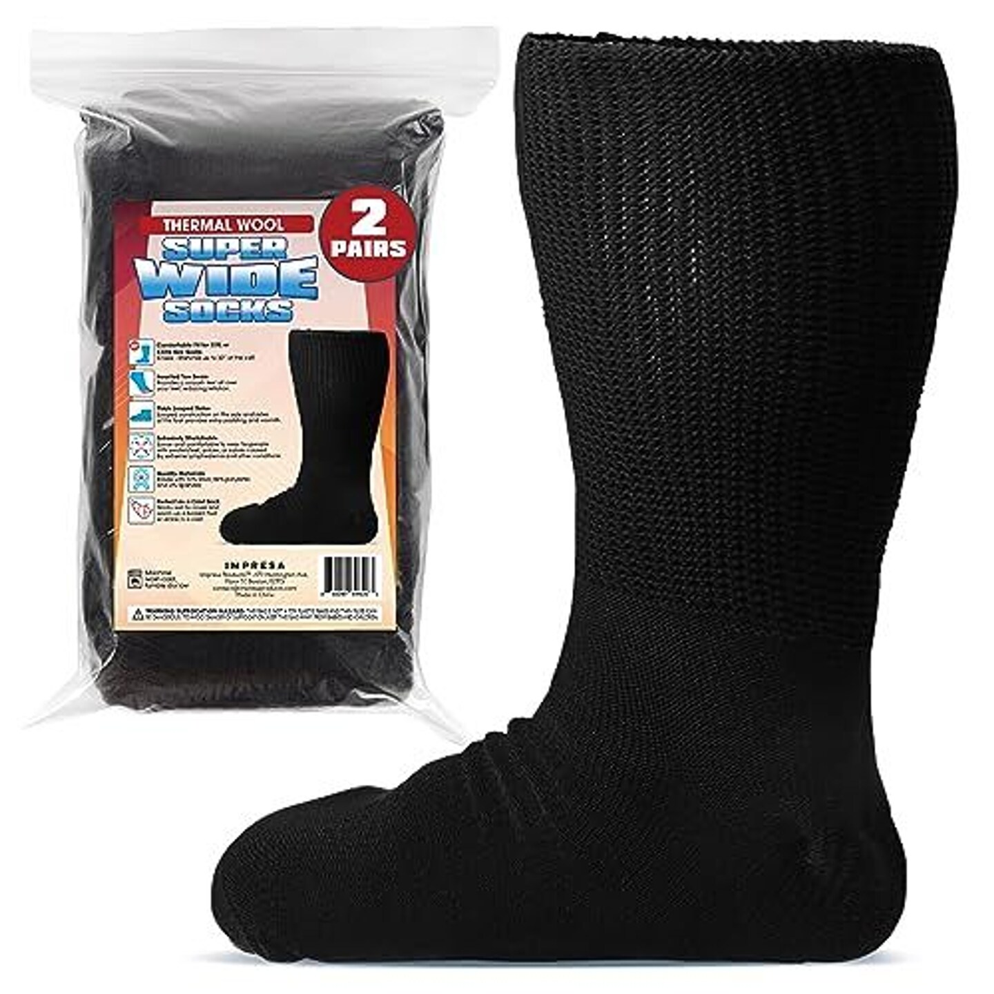 IMPRESA [2 Pairs] Thermal Wool Extra Wide Socks for Swollen Feet - 30&#x27;&#x27; Stretch Wide Calves Socks for Swollen Legs - Lymphedema Products &#x26; Edema- Bariatric Compression Socks Men &#x26; Women, One Size XXL