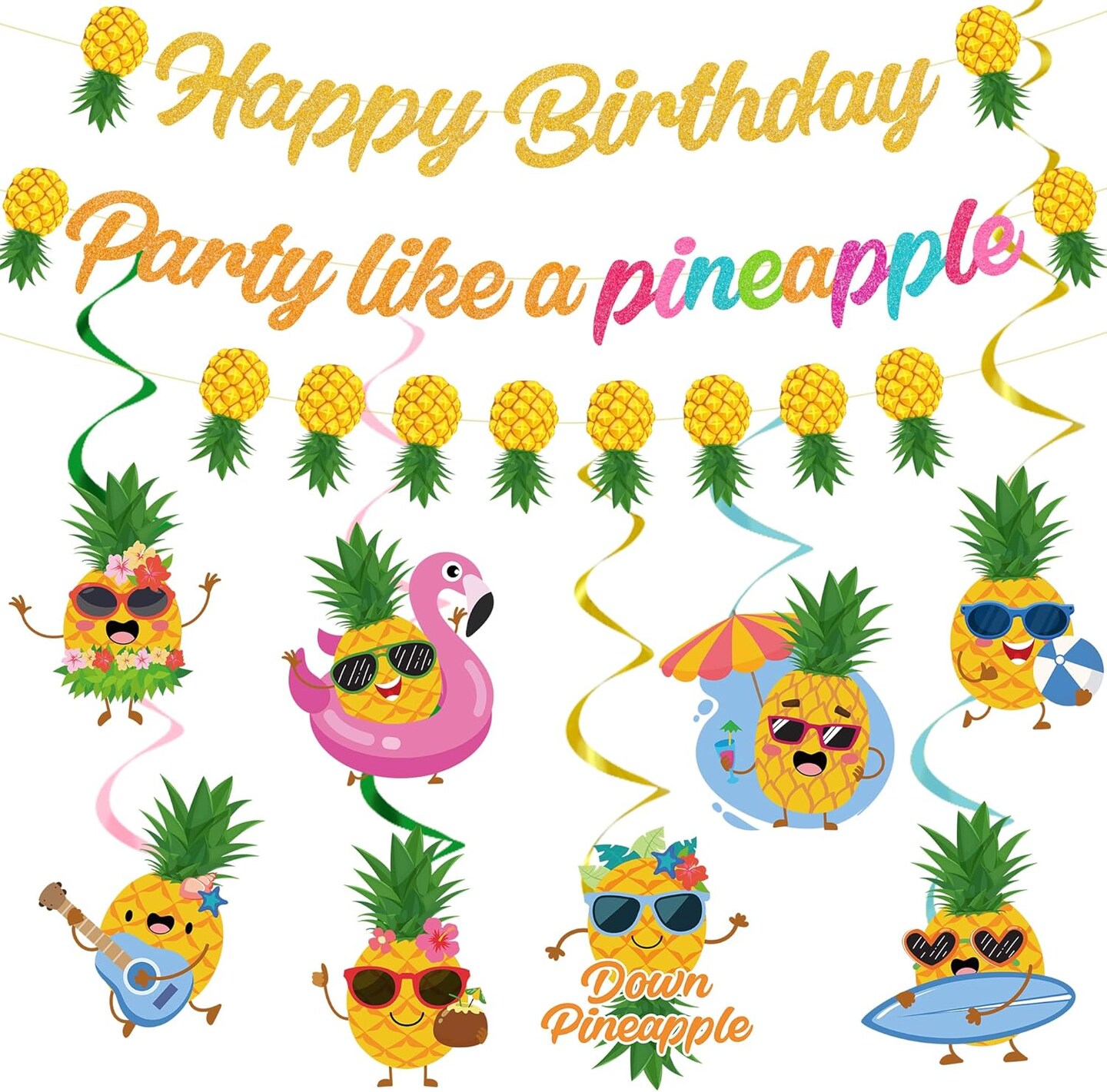 Pineapple Birthday Banner Decorations - Party Like A Pineapple Happy Birthday Banner with Hanging Swirl Tropical Party Decor for Summer Aloha Luau Hawaiian Birthday Party Supplies, Yellow