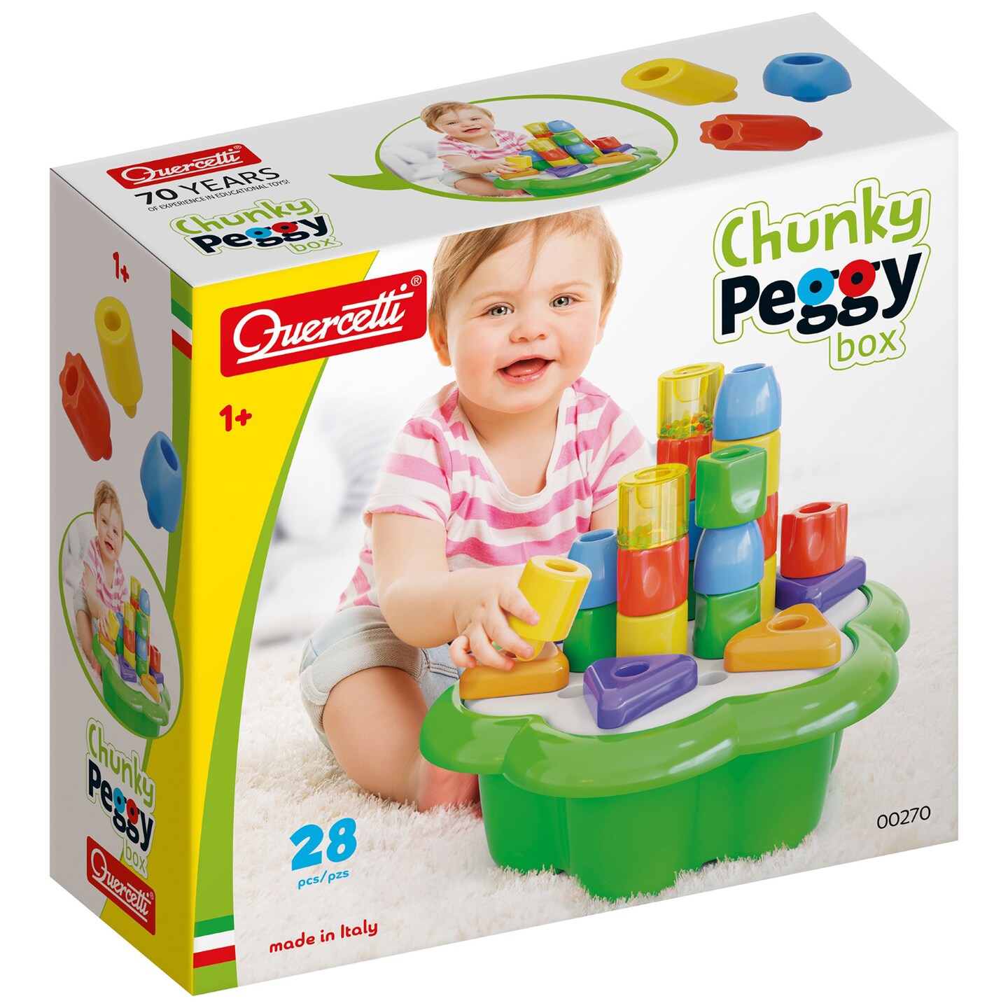 Quercetti: Chunky Peggy - 28pc Peg Blocks Stacking Toy, Shapes Sorting Set, 2 Rattles, Building, Daisy Basket w/ Built-In Storage, Baby &#x26; Toddler 1+
