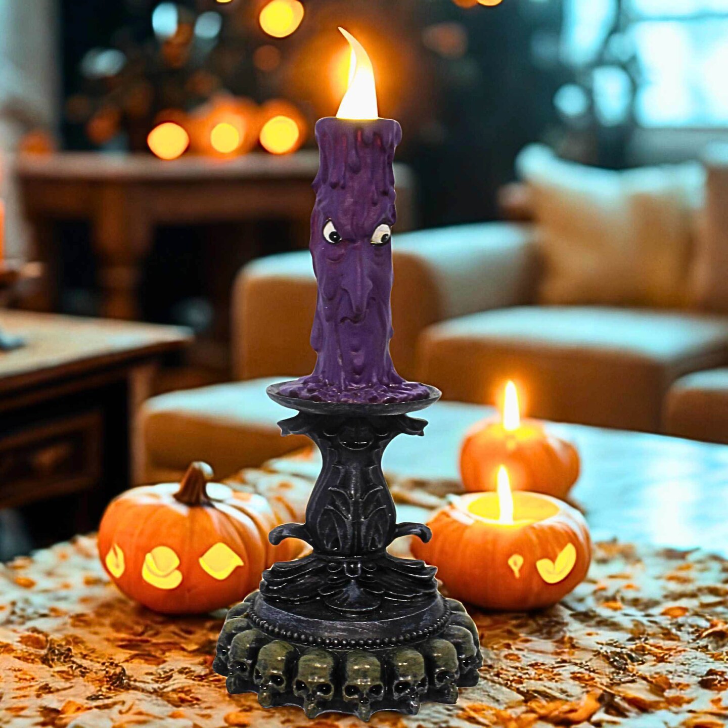 Roman 9.0 Inch Spooky Candle Purple Halloween Figurine , Lighted Halloween Decor Halloween Light