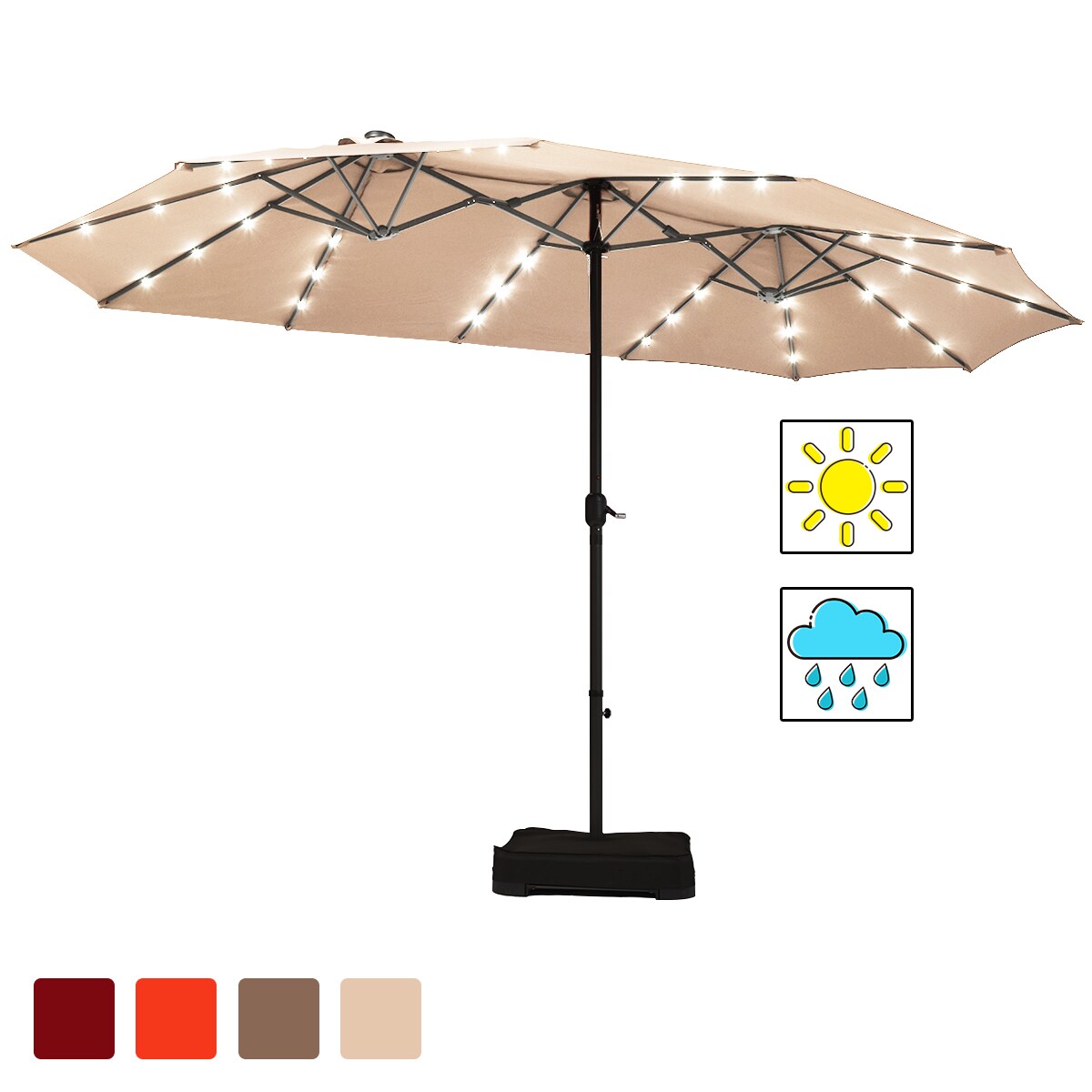 Costway 15Ft Patio Double-Sided Solar LED Market Umbrella Crank Base Beige/Tan/Orange/Burgundy/Gray/Turquoise