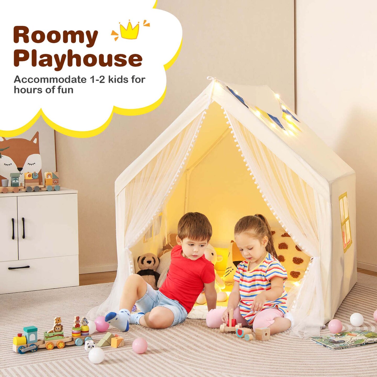 Costway Large Play Tent  Kids &#x26; Toddlers Playhouse with Washable Cotton Mat, Star Lights