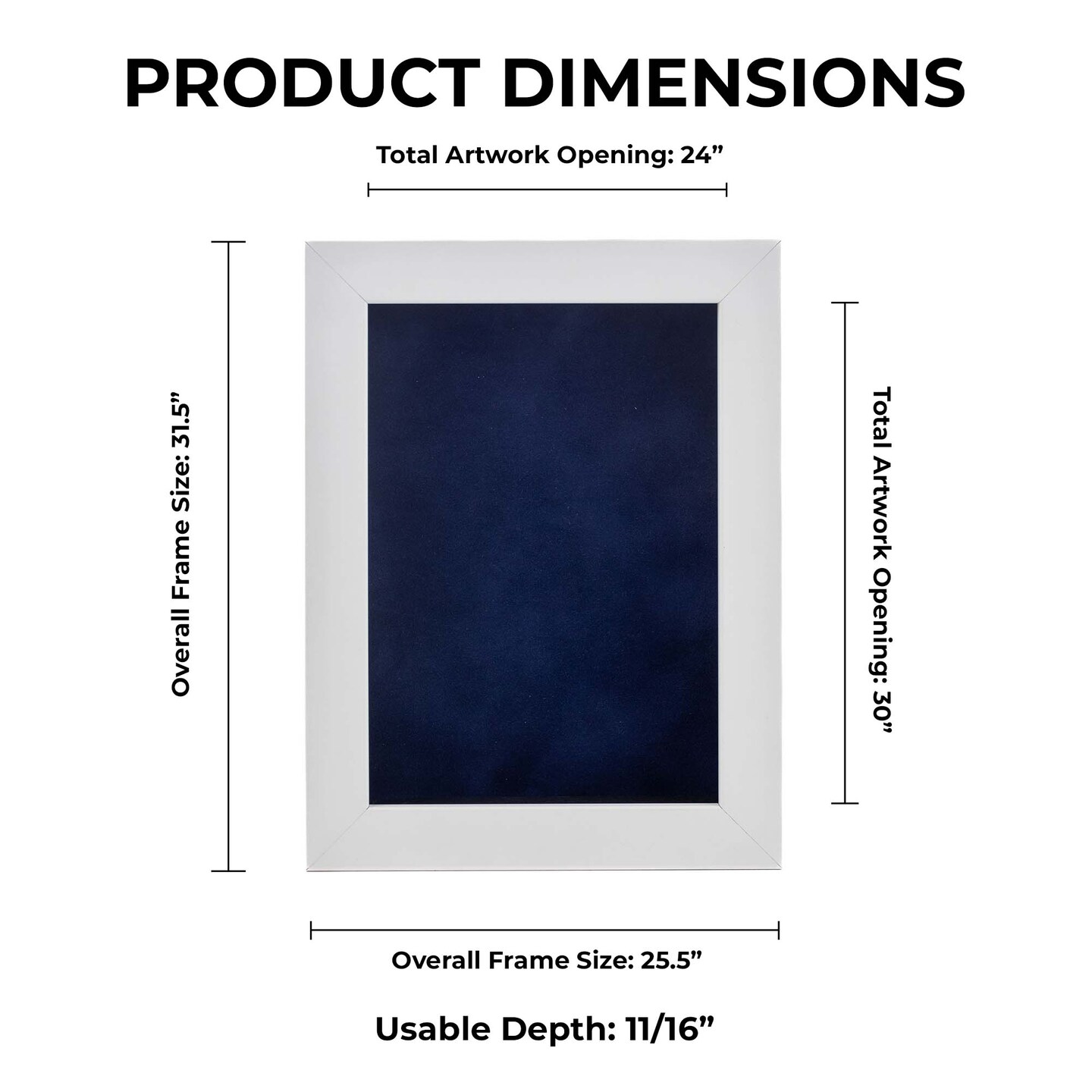 Classic White Wood Shadown Box Frame with Acrylic Front - Navy Blue Suede Backing, 30 Sizes