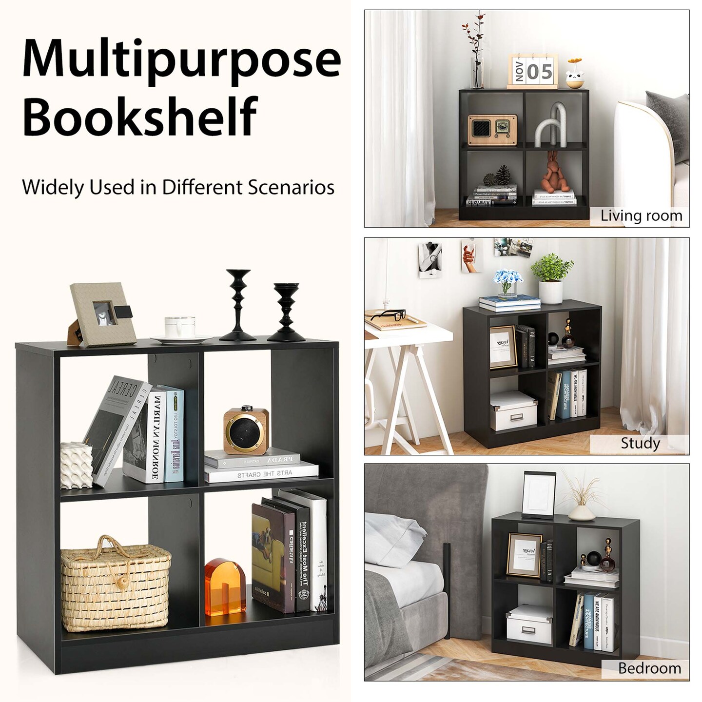 Costway 4-Cube Bookcase Floor Open Wooden Bookshelf Storage Cabinet Toy Organizer Black