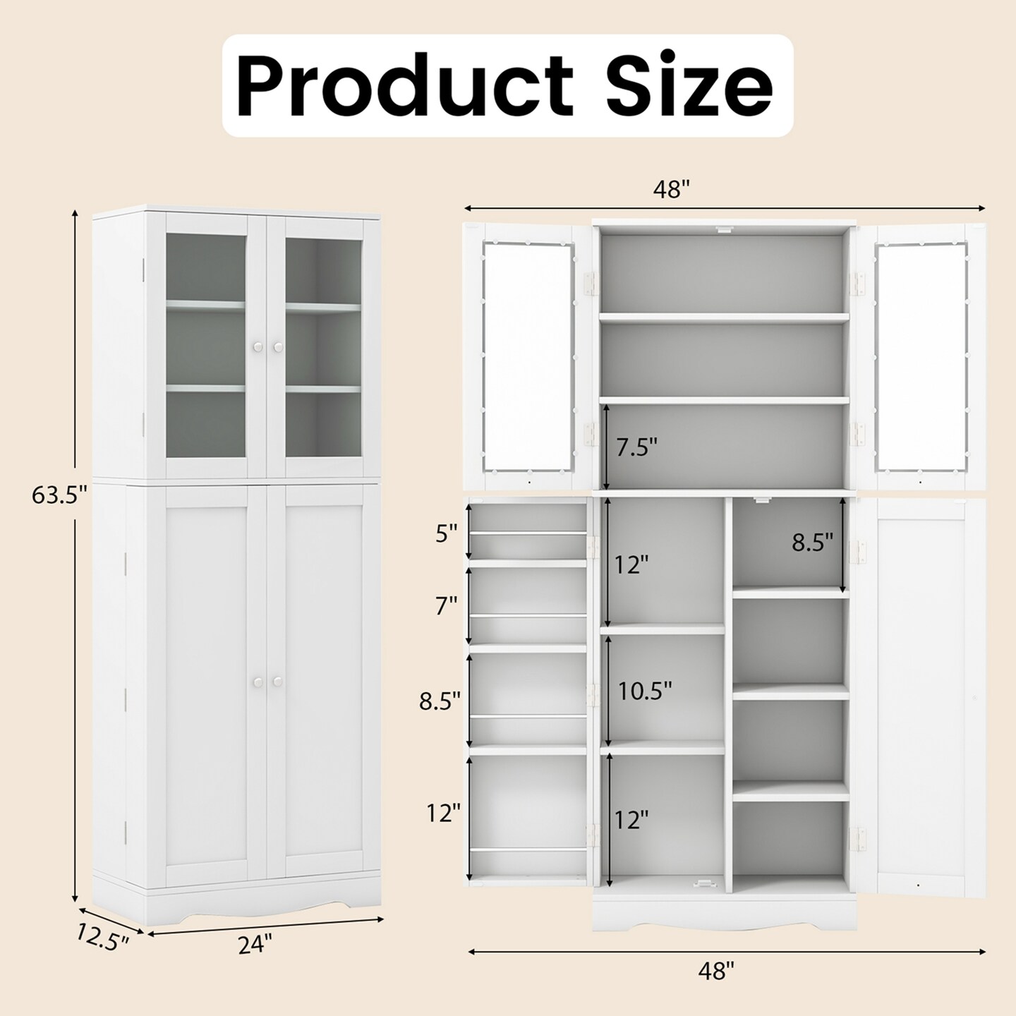 Costway 63.5&#x22; Tall Kitchen Pantry Storage Cabinet with Glass Door Storage Shelves Black/White