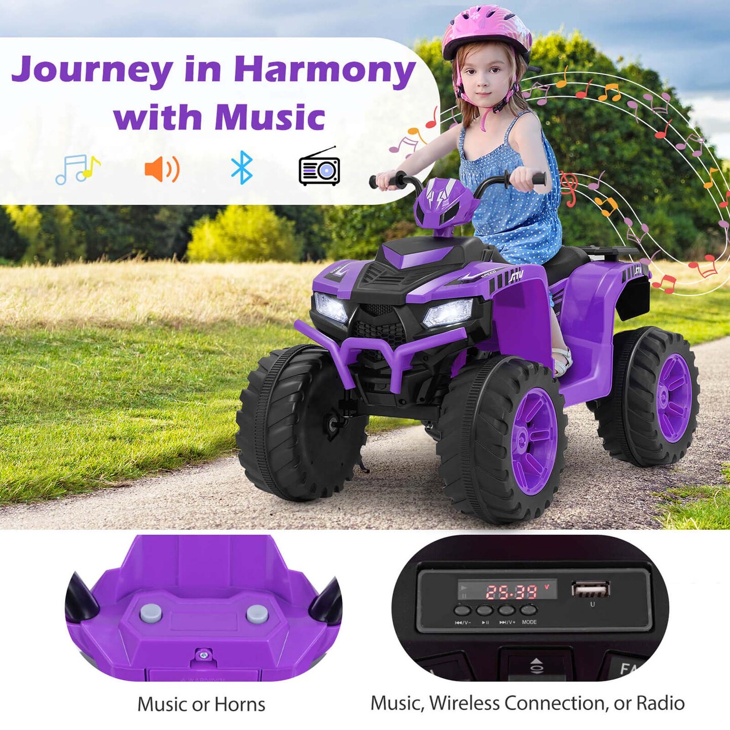 Honeyjoy 24V Kids Ride-On Electric ATV 4-Wheeler Quad Car with Wireless Connection Black/Blue/Pink/Red/Purple