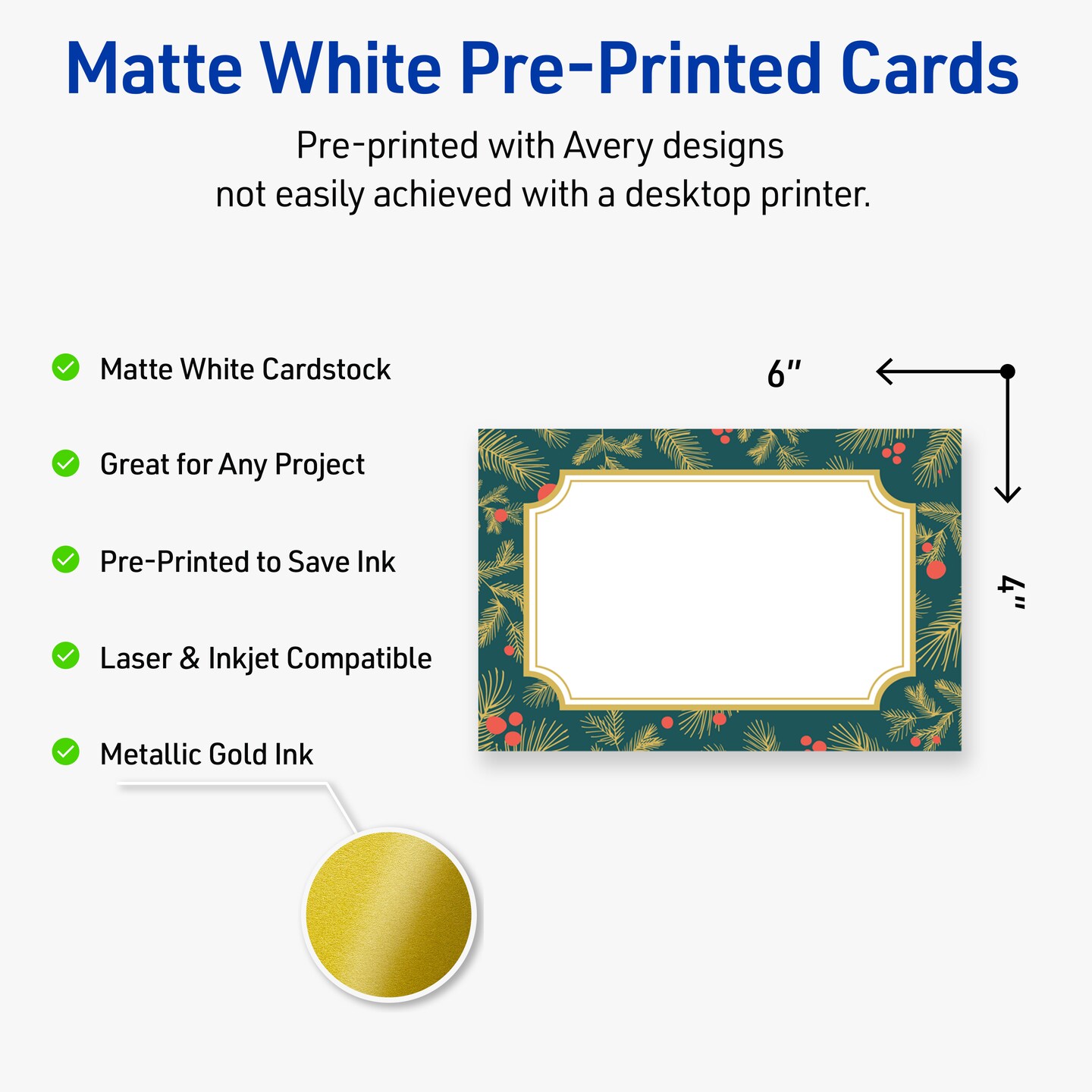 Avery Printable Postcards with Sure Feed Technology, Rectangle, 4" x 6", Pre-Printed Teal & Metallic Gold Border with Holly Design, Matte White, Laser & Inkjet Compatible, 20 Total