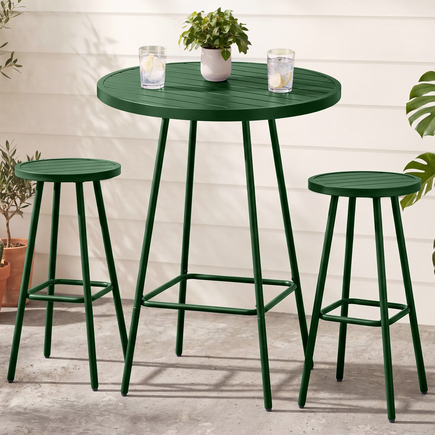 Best Choice Products 3-Piece Steel Patio Bar Height Round Bistro Set w/ Backless Stools, Slatted Design