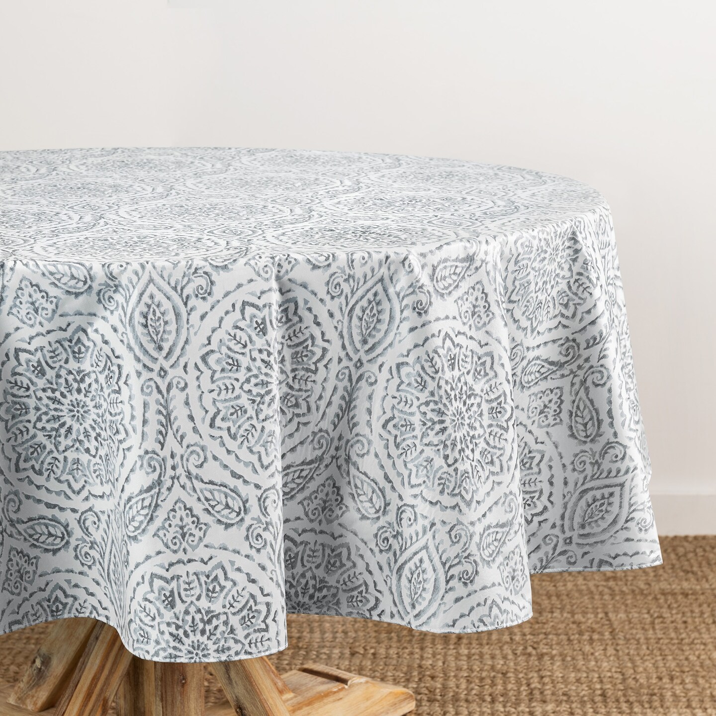 Threadmade Home Savannah Boho Paisley Printed Vinyl Indoor/Outdoor Tablecloth, Gray - 60"W x 84"L Oval