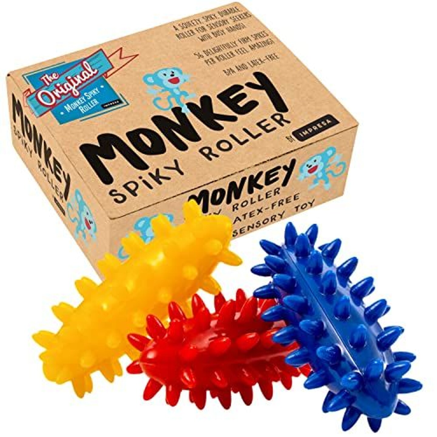 IMPRESA Spiky Sensory Roller - Multicolor 3-Pack, 3 in L x 1.4 in Dia Tactile Sensory Brush Roller for Kids - Stress Relief & Focus - Animal-Themed Monkey Spiky Fidget