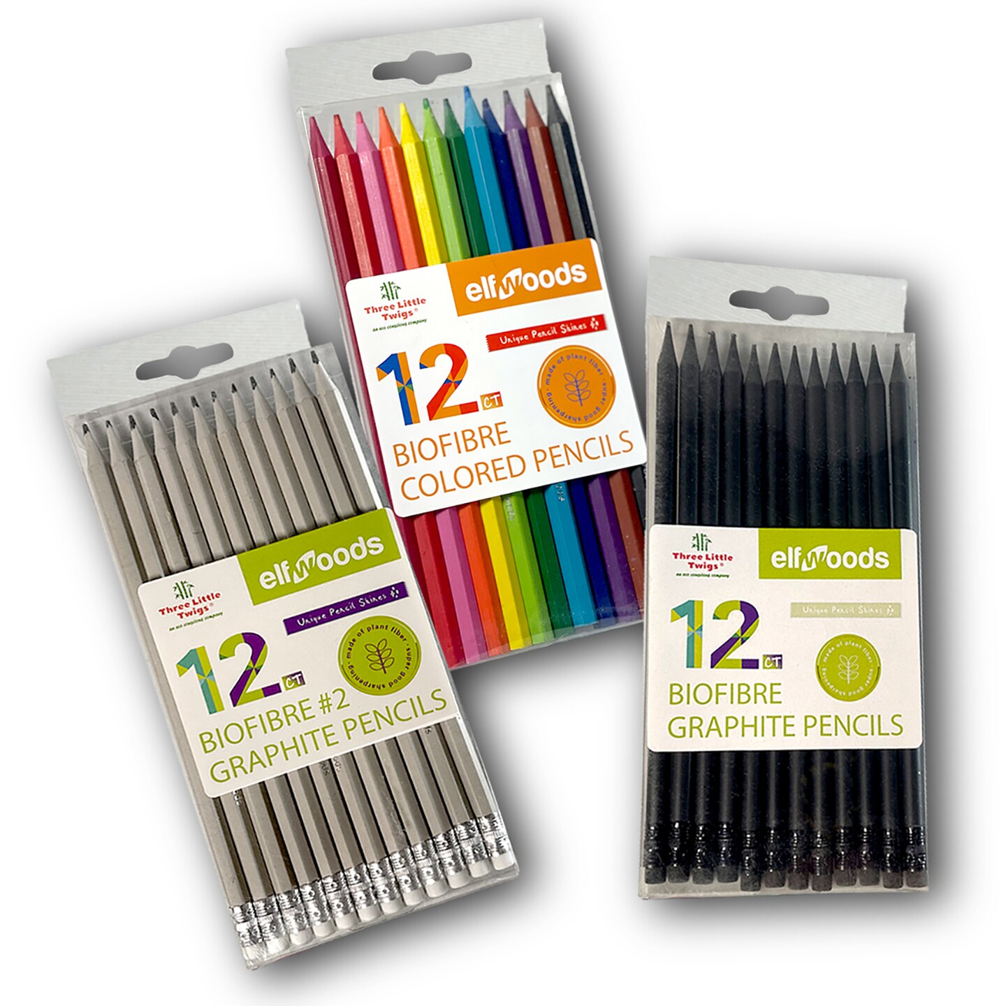 Three Little Twigs: Elfwoods: Biofibre Pencils 3pk Bundle - 12ct Colored, 12ct Graphite, 12ct #2 Graphite, Adult Drawing Art Supplies