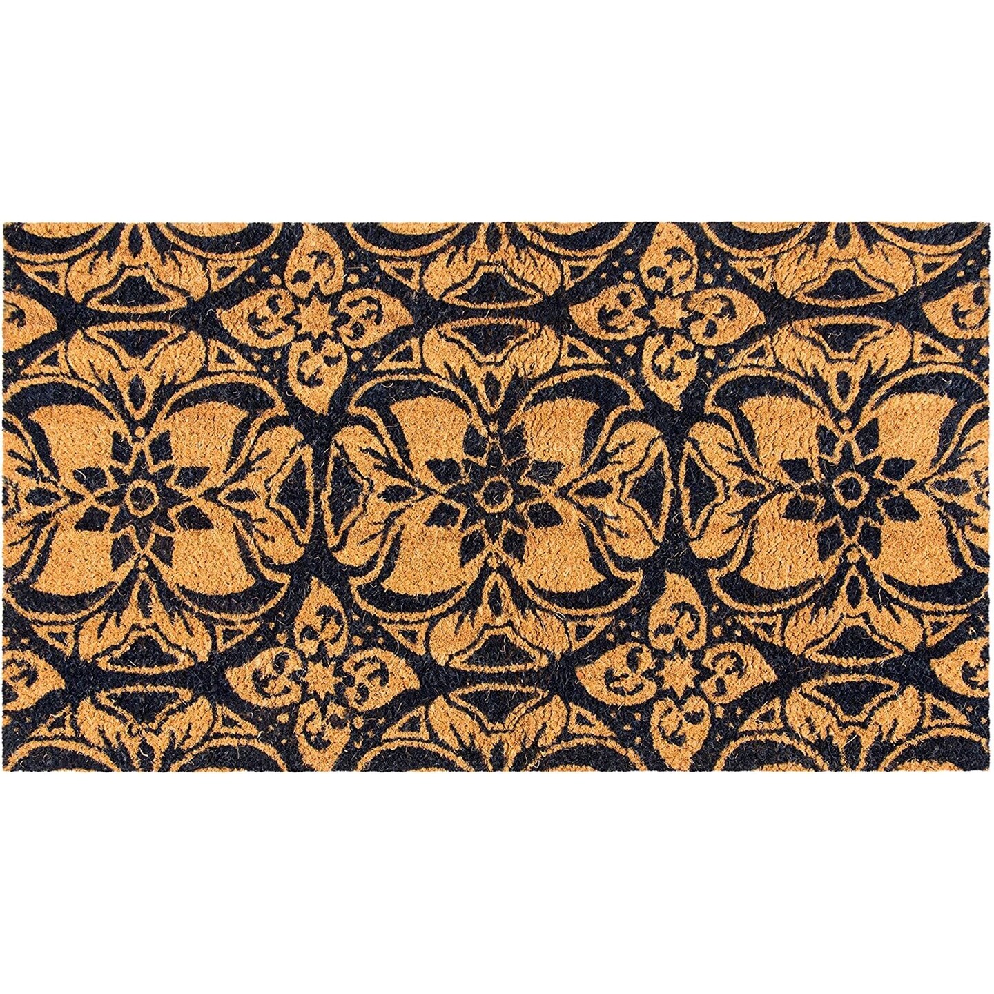 Natural Coir Door Mat, Welcome Mat Outdoor Entryway Rug Floor Doormat with PVC Anti-Slip Backing for All Seasons, Brown Talavera Floral Design, 30&#x22;x17.2&#x22;