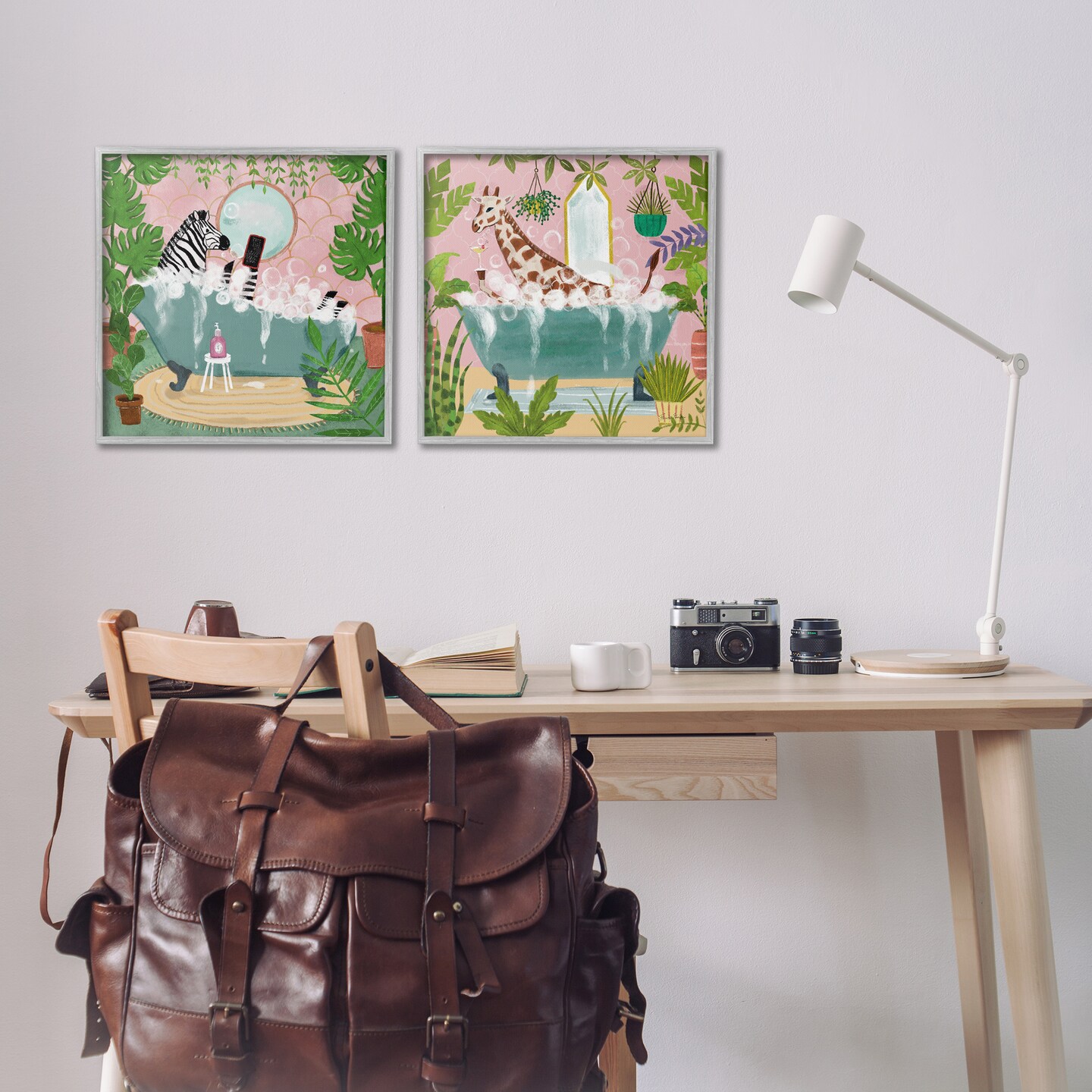 Stupell Industries Giraffe Zebra Safari Animal Tub 2 pc Framed Giclee Wall Art Set Design by Farida Zaman