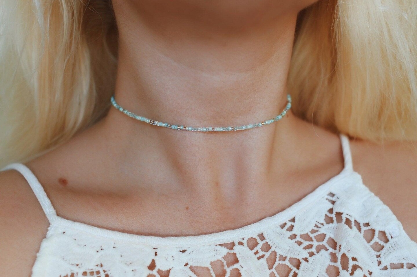 product name is Salty Seafoam Seed Beaded Choker Necklace, beach jewelry, handmade chokers