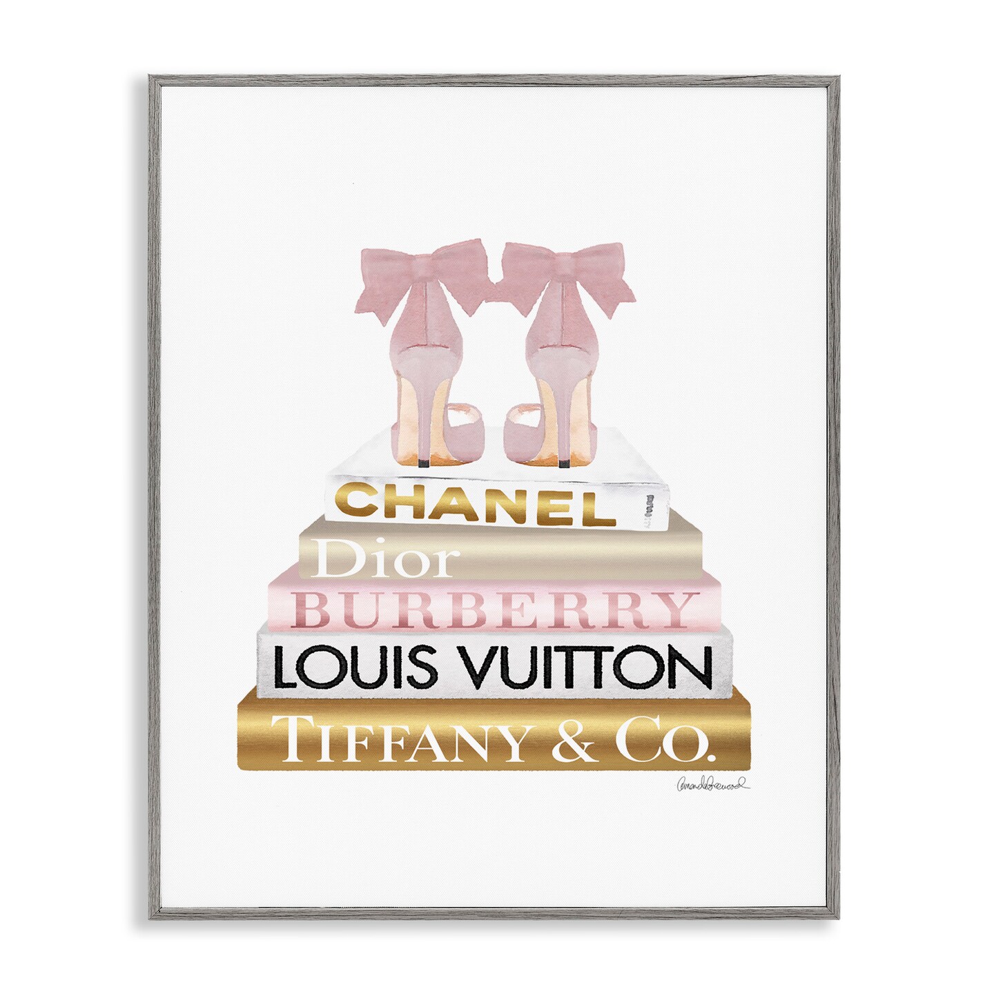 Stupell Industries Pink Gold Heels Bookstack Framed Giclee Art