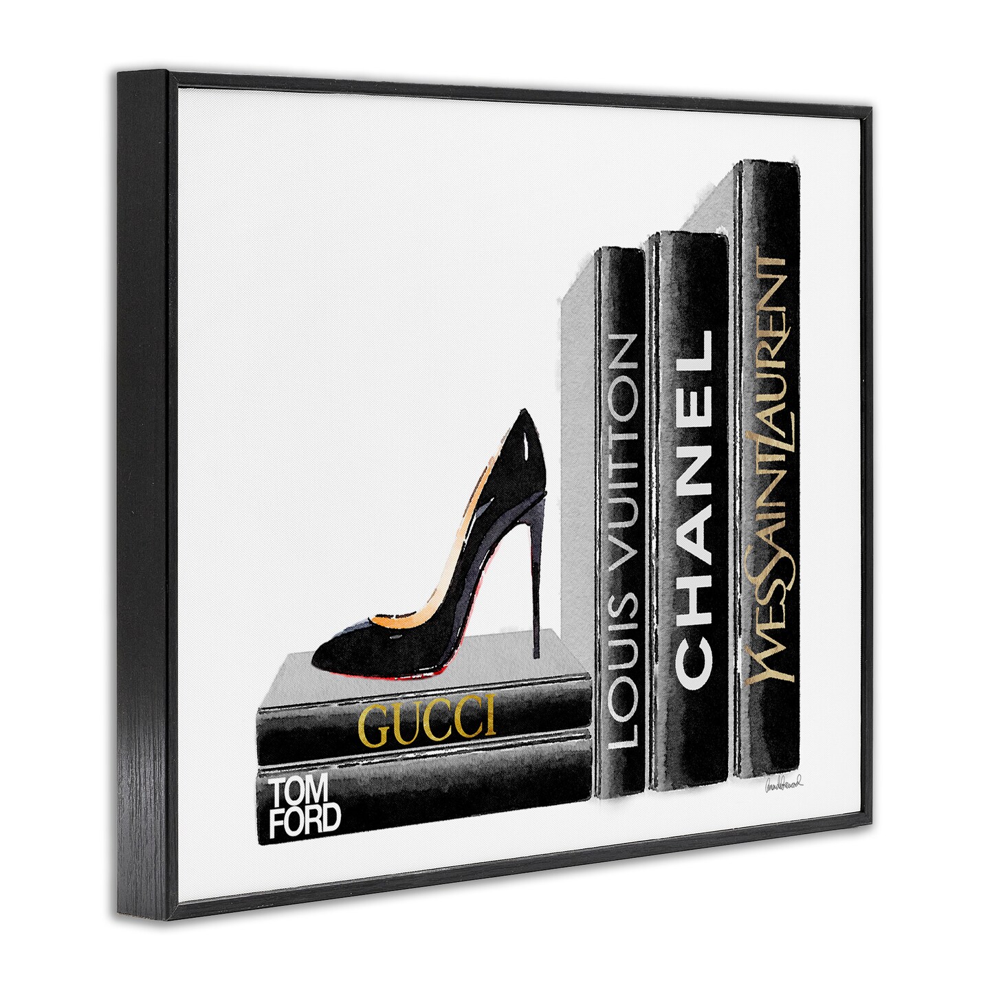 Stupell Industries Black Book Shelf with Stilettos Framed Giclee Art
