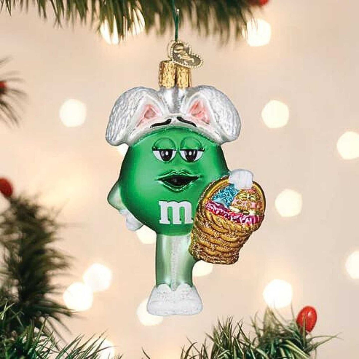 Old World Christmas 4.0 Inch M&M's Green Easter Easter Tree Ornament , Basket Bunny Eggs