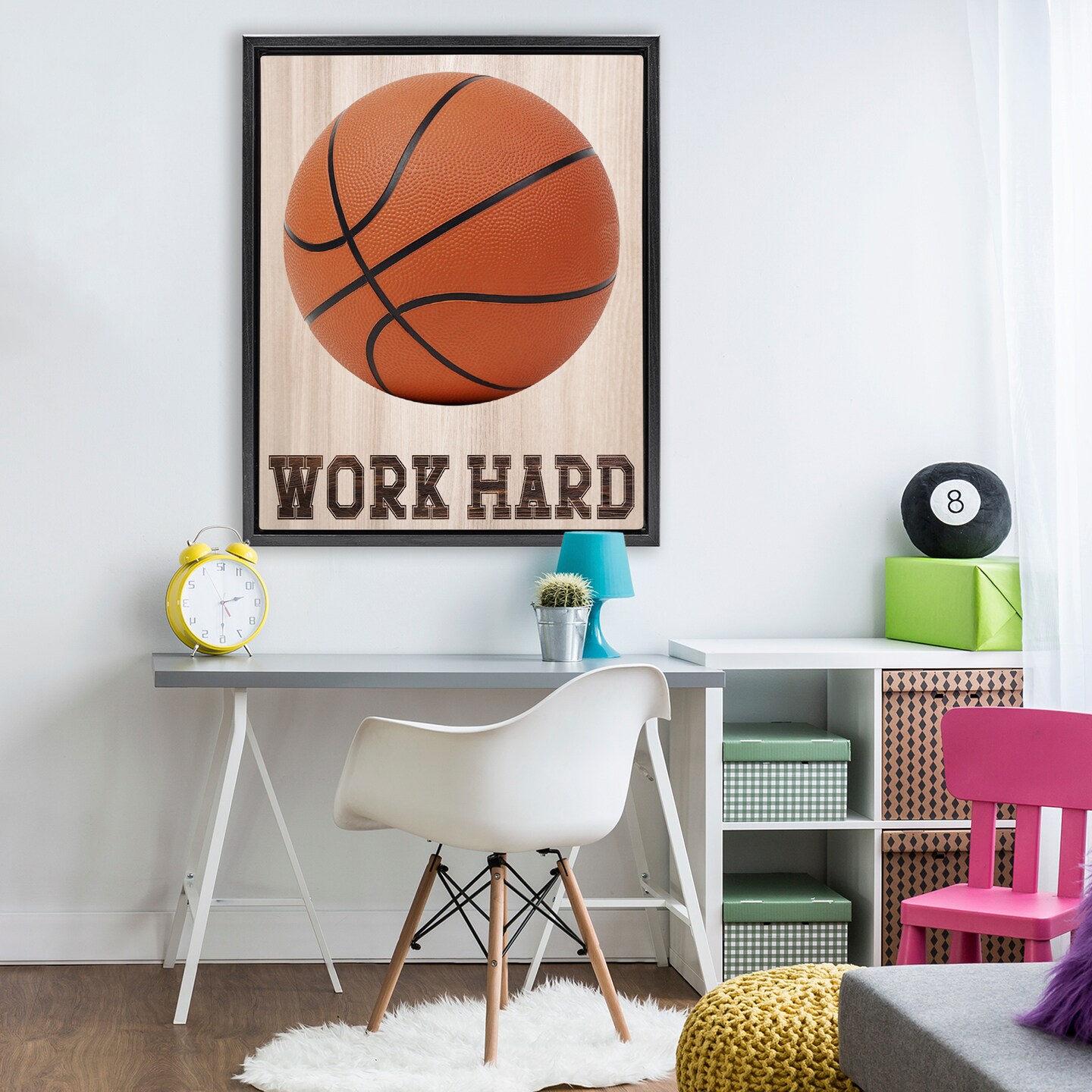 Stupell Industries Work Hard Basketball Black Framed Floater Canvas Wall Art, design by Marcus Prime