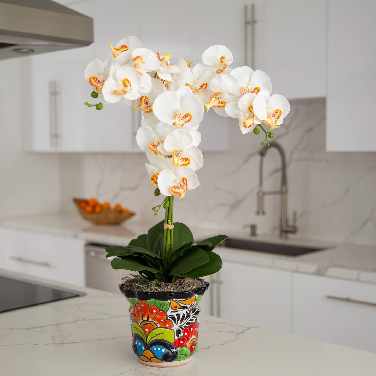 Nearly Natural Triple Orchid Artificial Floral Arrangement with Mexican Talavera Planter - 27&#x22;