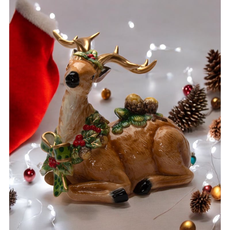 Ceramic Reindeer With Pine Cone Figurine,