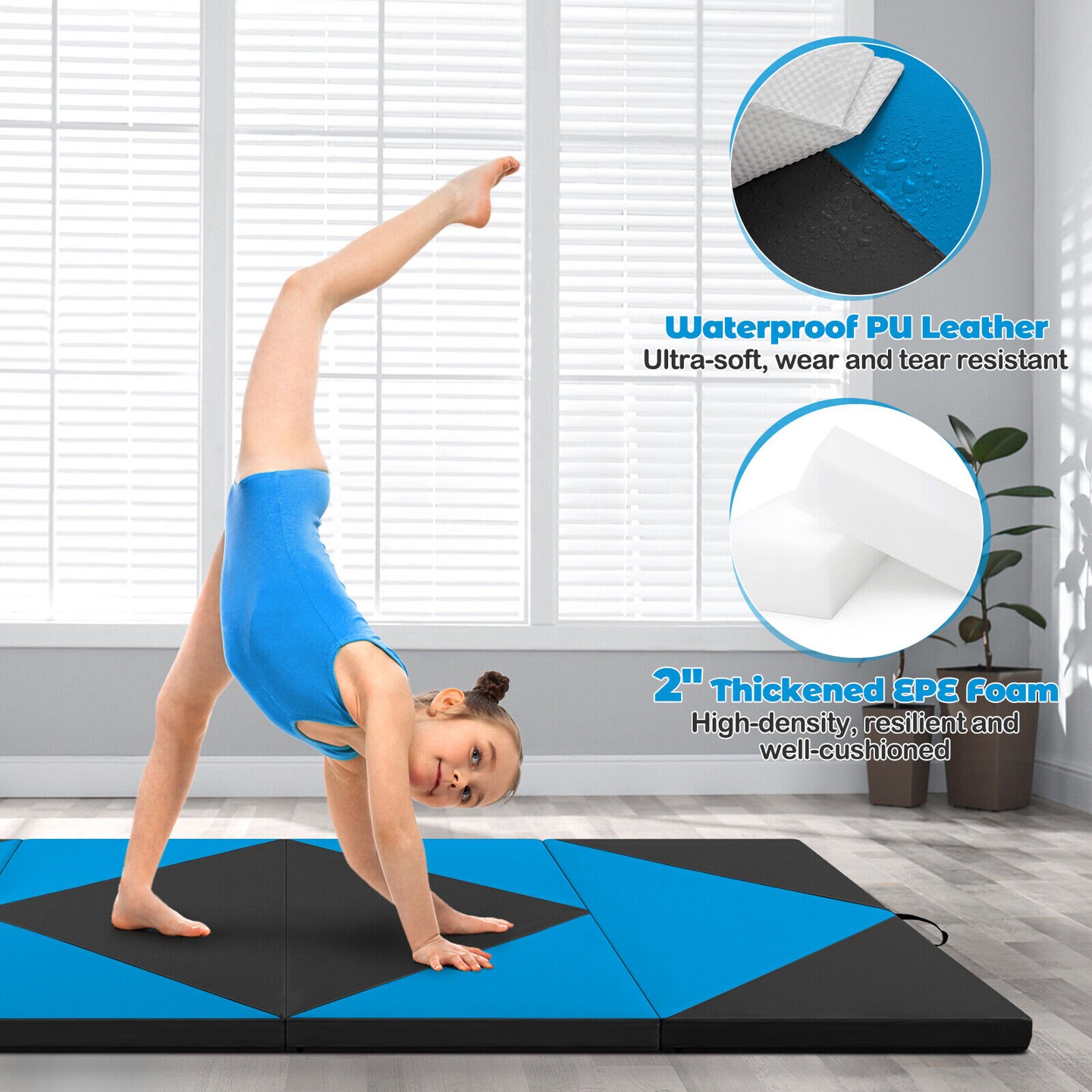 8 Feet PU Leather Folding Gymnastics Mat with Removable Zippered Cover and Hook and Loop Fasteners